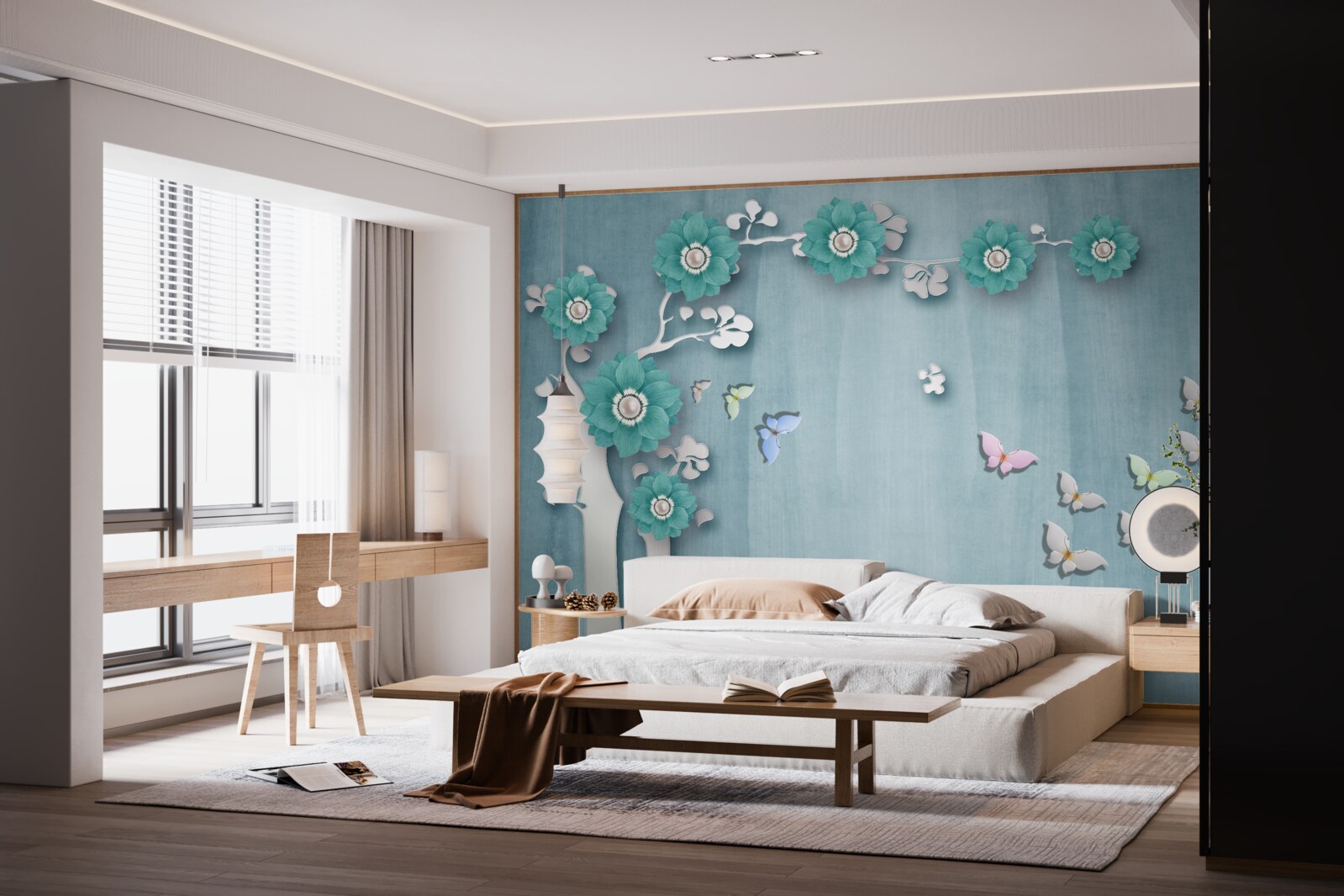 Fotobehang vlinders en groene bloemen die een boom versieren