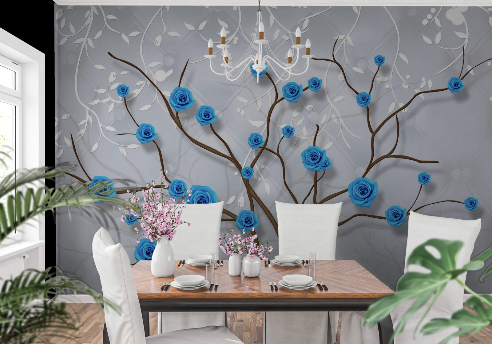 Fotobehang roze boom met blauwe bloemen