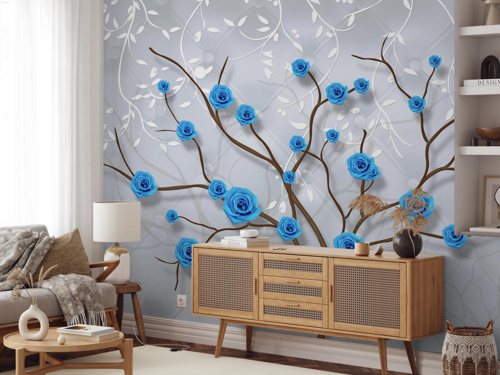 Fotobehang roze boom met blauwe bloemen
