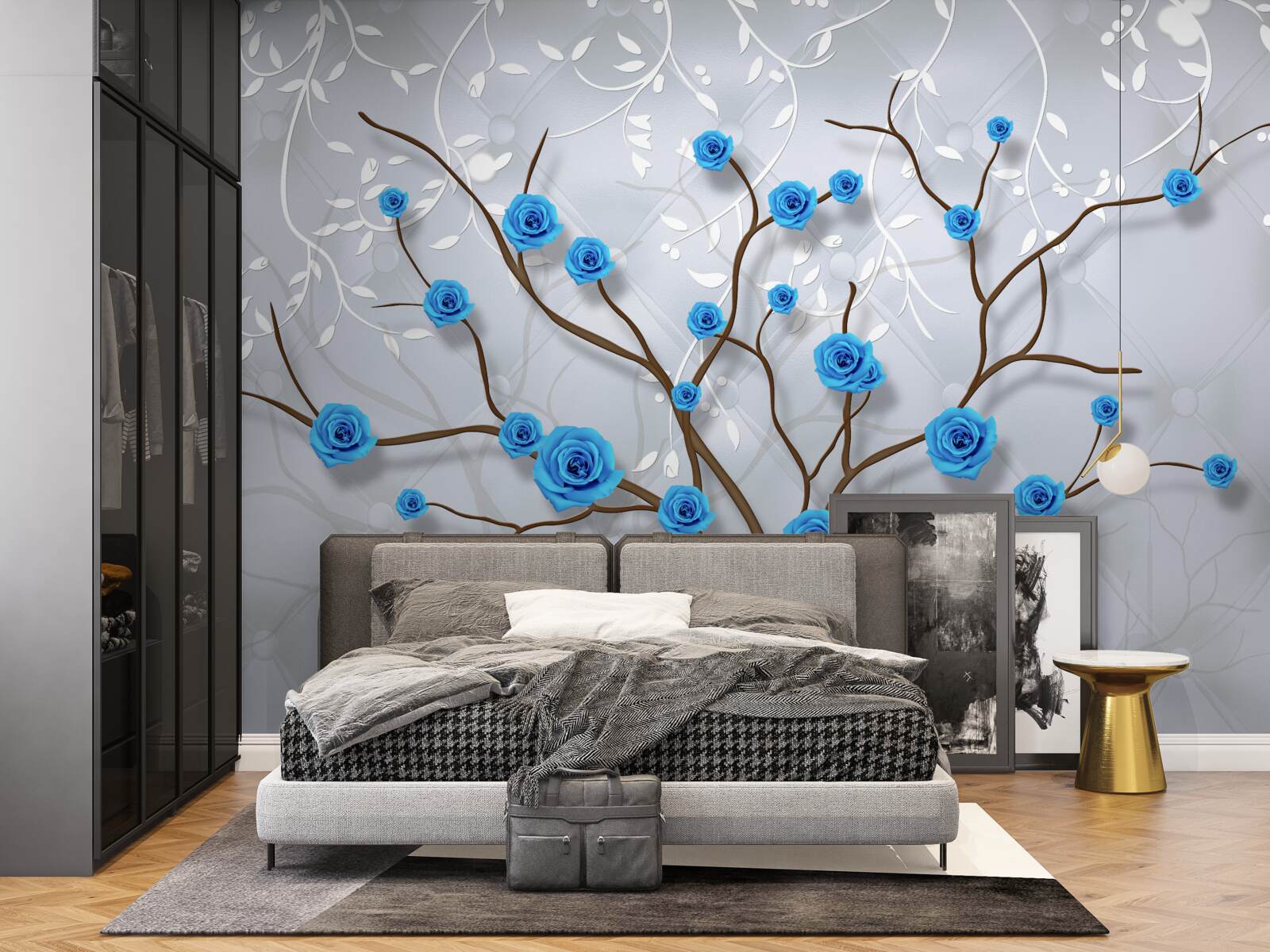 Fotobehang roze boom met blauwe bloemen