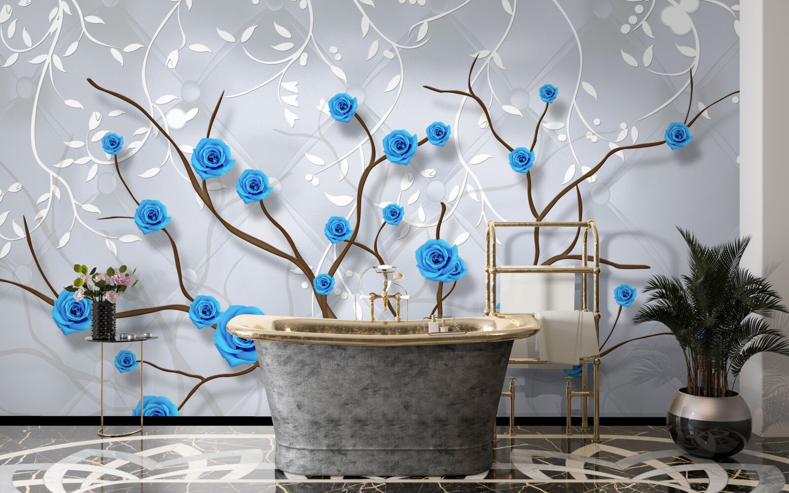 Fotobehang roze boom met blauwe bloemen