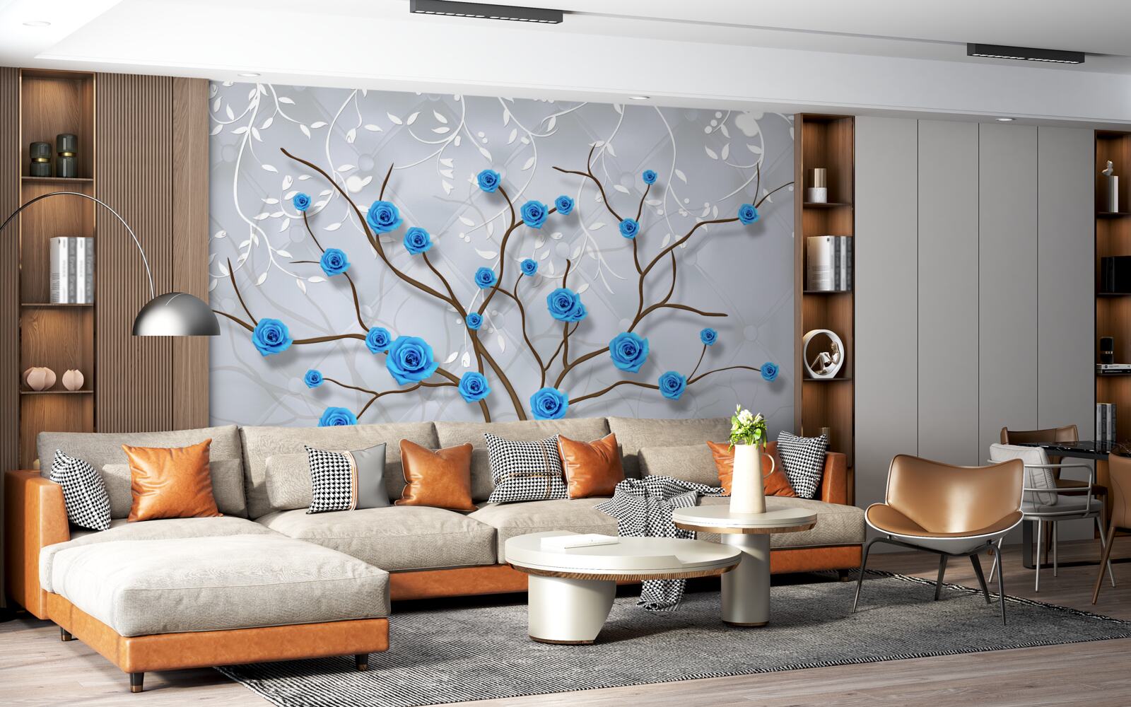 Fotobehang roze boom met blauwe bloemen