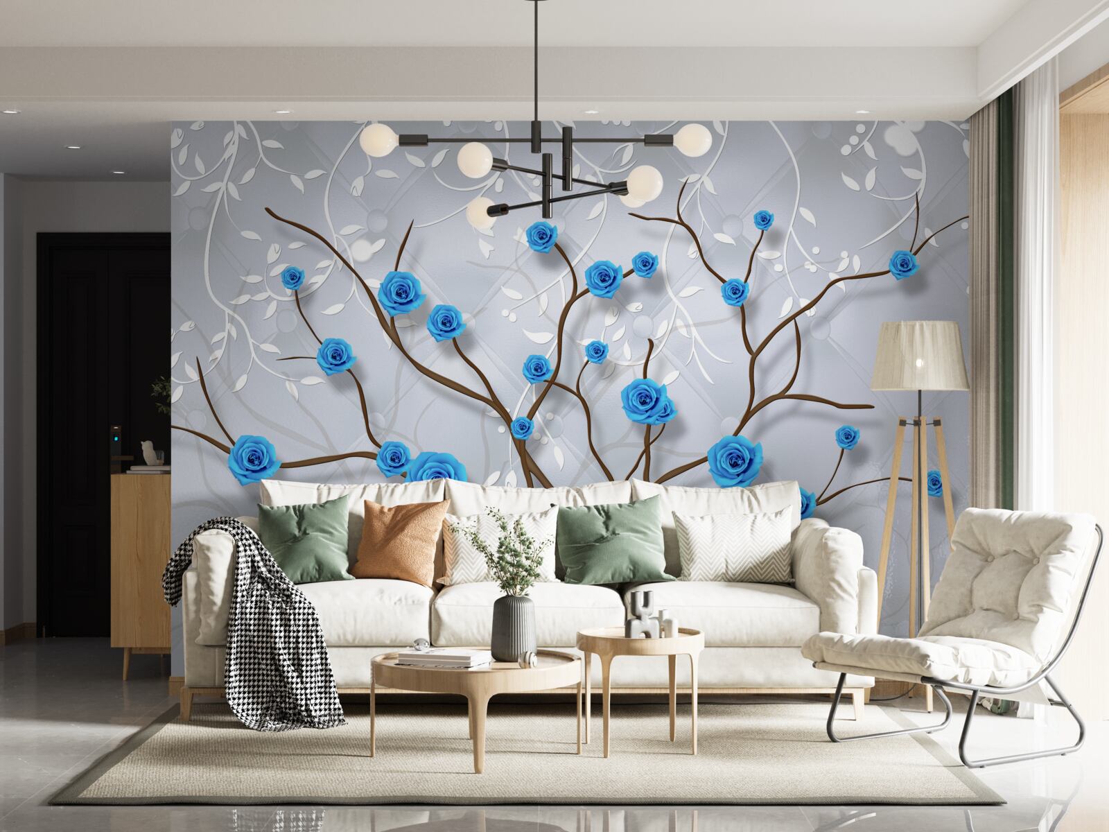 Fotobehang roze boom met blauwe bloemen
