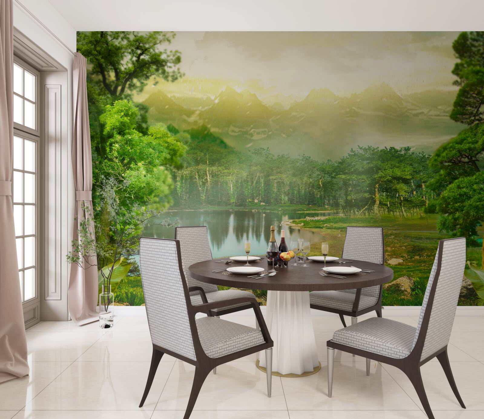 Fotobehang het groene bos voelt 's nachts de warmte van de zon