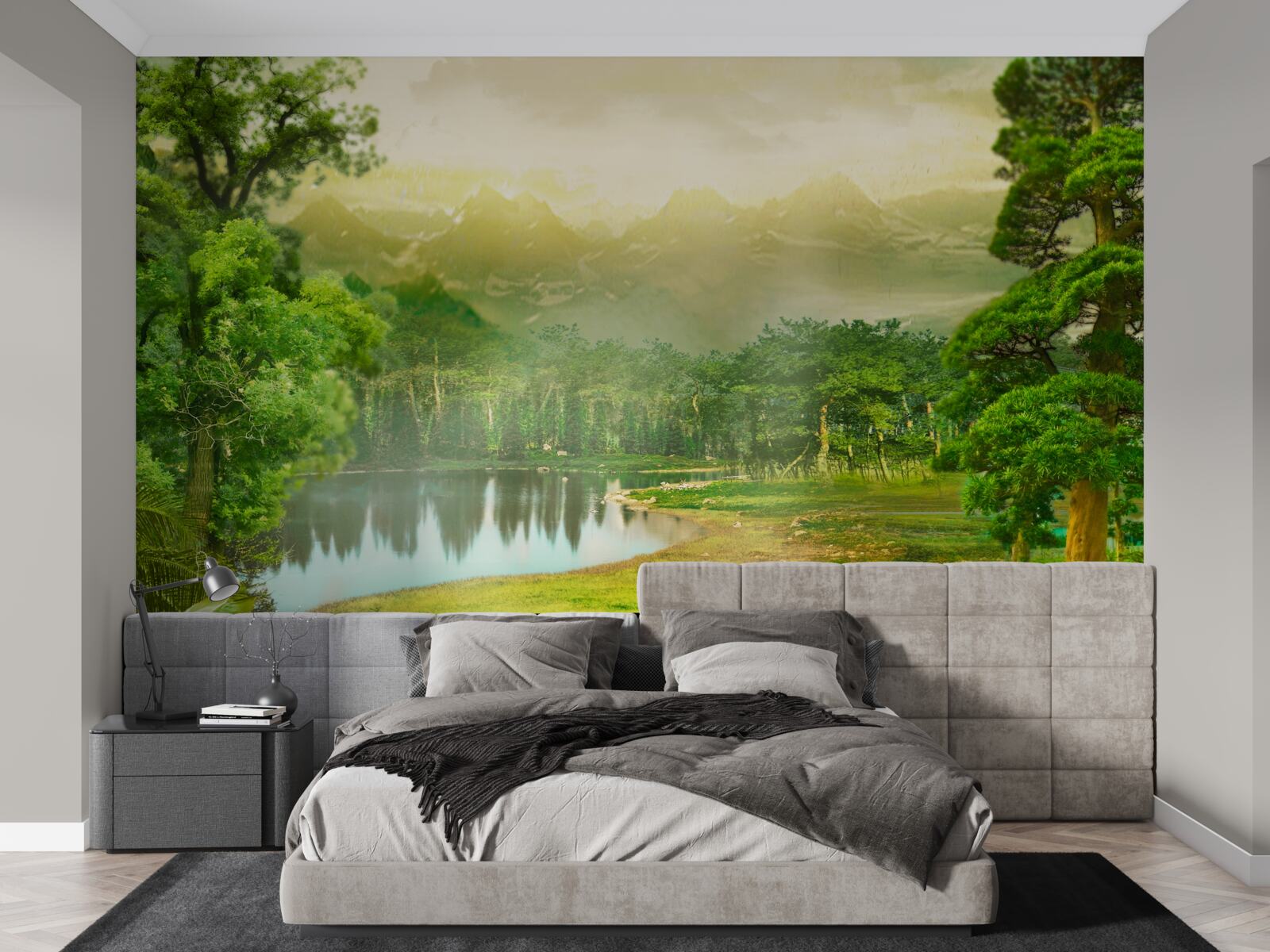 Fotobehang het groene bos voelt 's nachts de warmte van de zon