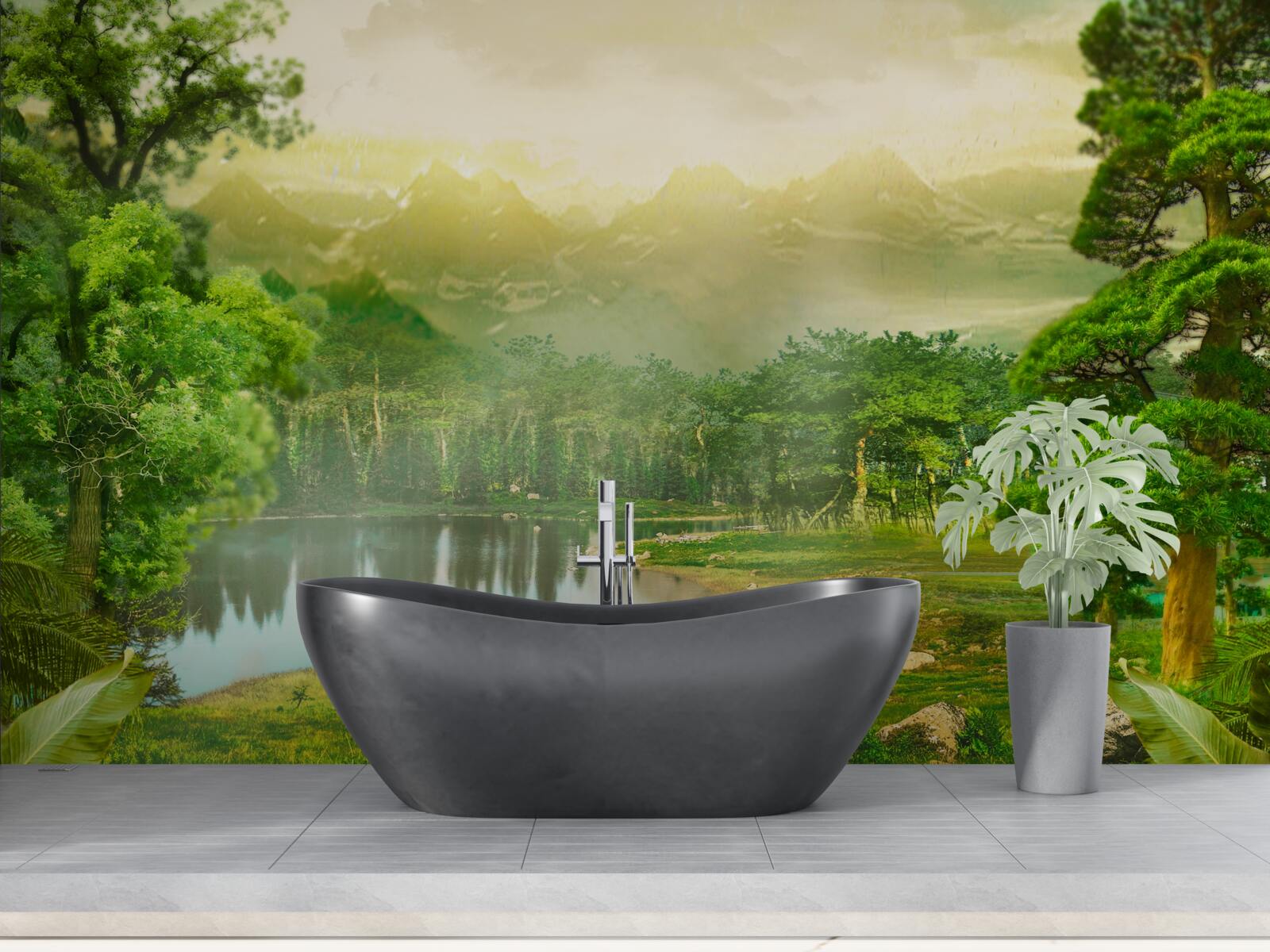 Fotobehang het groene bos voelt 's nachts de warmte van de zon