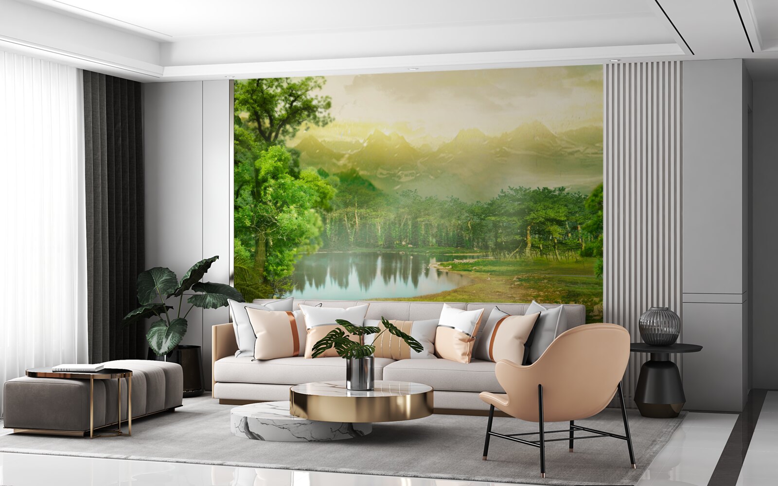 Fotobehang het groene bos voelt 's nachts de warmte van de zon