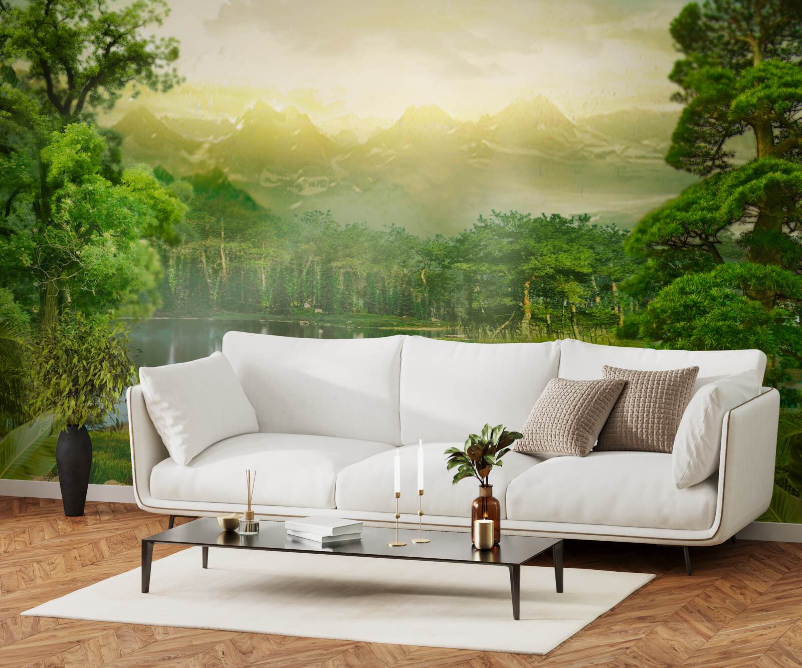 Fotobehang het groene bos voelt 's nachts de warmte van de zon