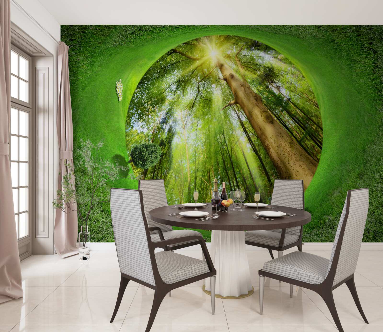 Fotobehang de lens kijkt naar het goed onderhouden groene bos