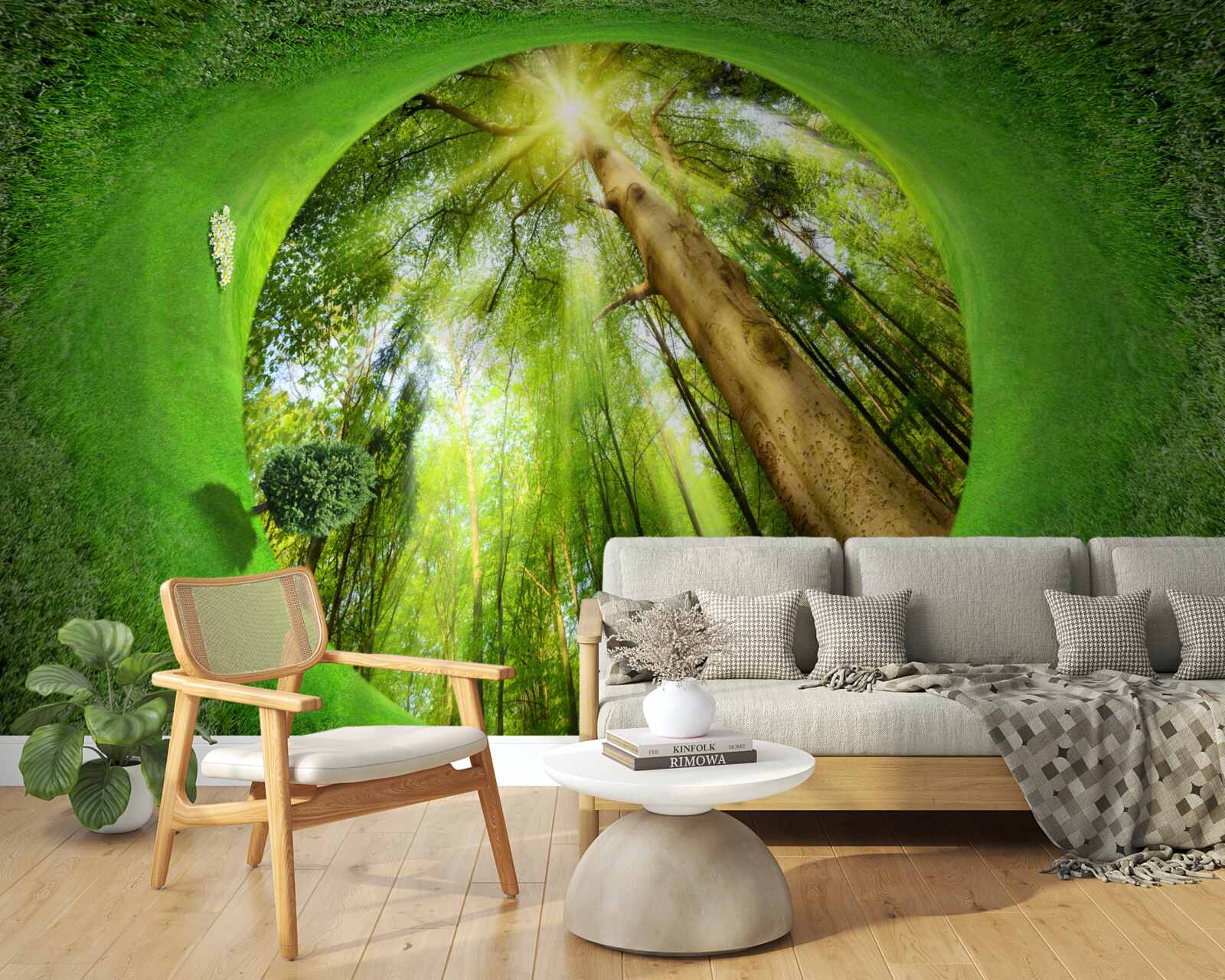 Fotobehang de lens kijkt naar het goed onderhouden groene bos