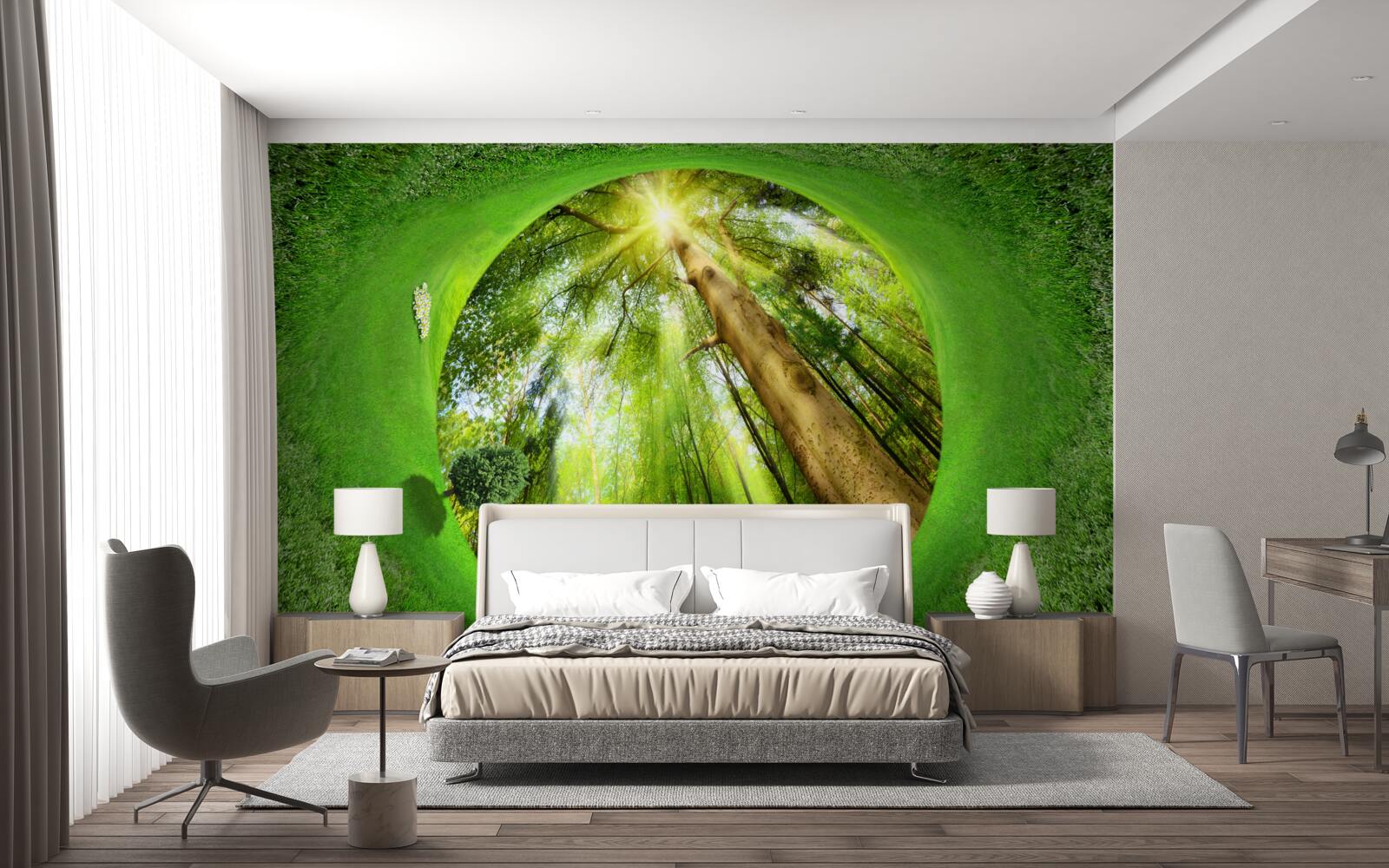 Fotobehang de lens kijkt naar het goed onderhouden groene bos