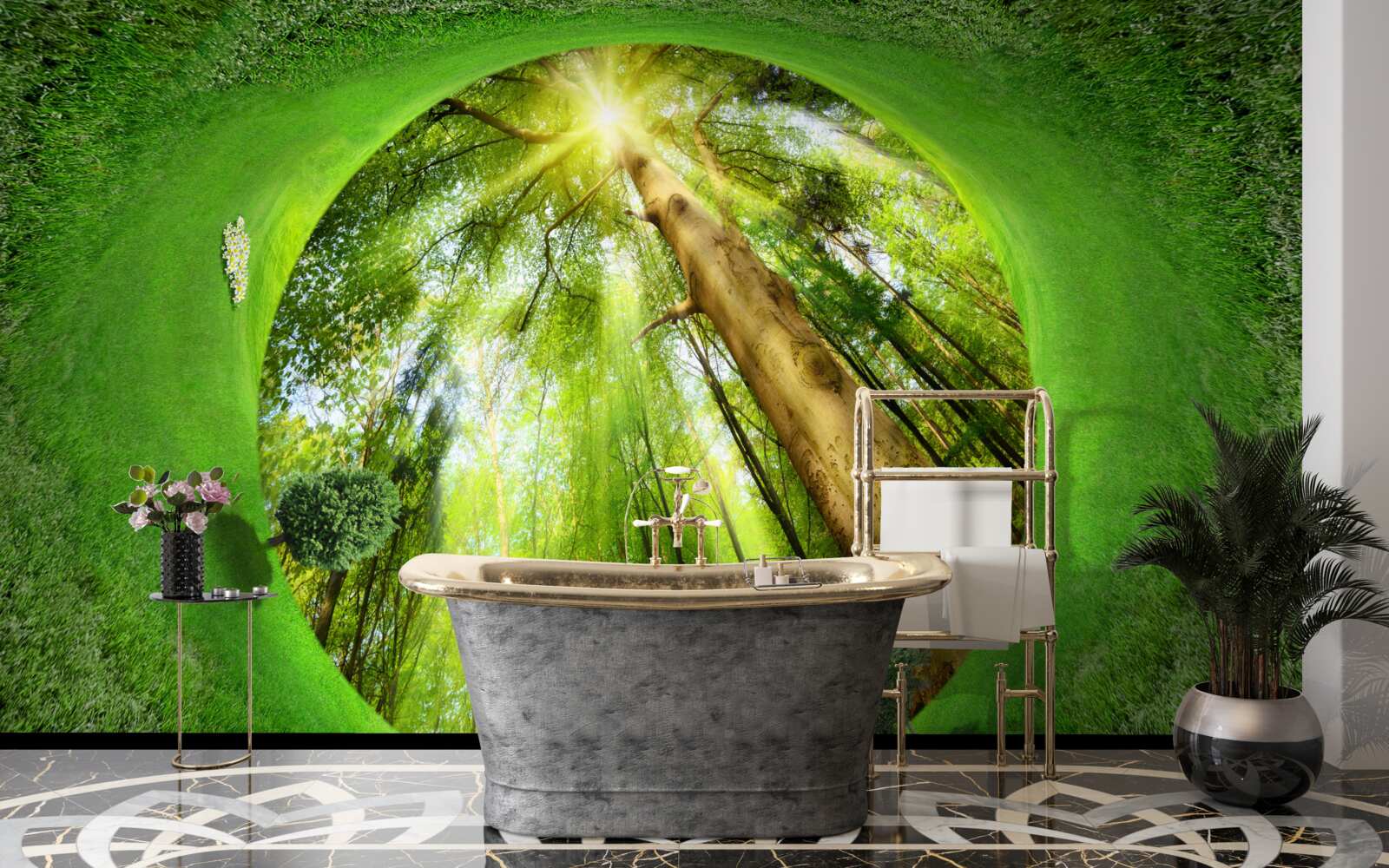 Fotobehang de lens kijkt naar het goed onderhouden groene bos