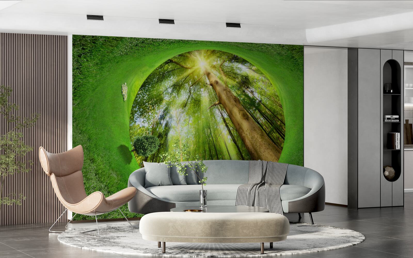 Fotobehang de lens kijkt naar het goed onderhouden groene bos