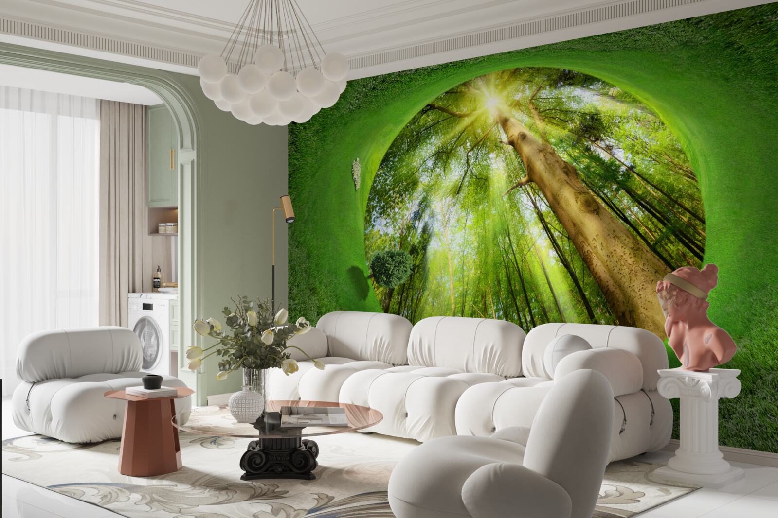 Fotobehang de lens kijkt naar het goed onderhouden groene bos