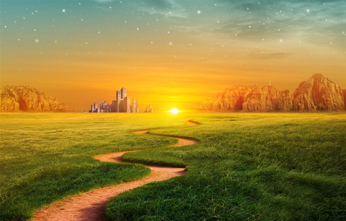 Fotobehang zonsondergang over uitgestrekte velden