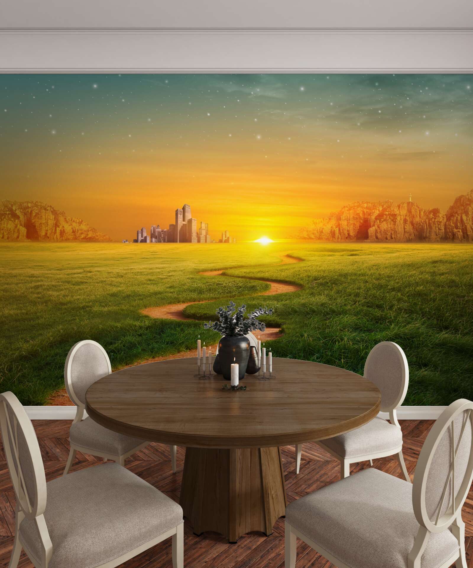 Fotobehang zonsondergang over uitgestrekte velden