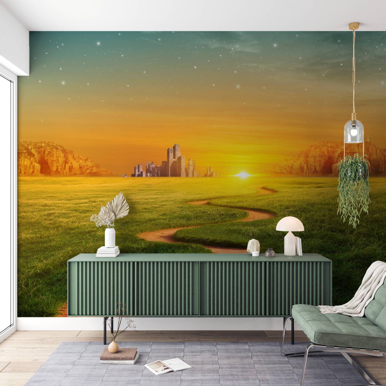 Fotobehang zonsondergang over uitgestrekte velden