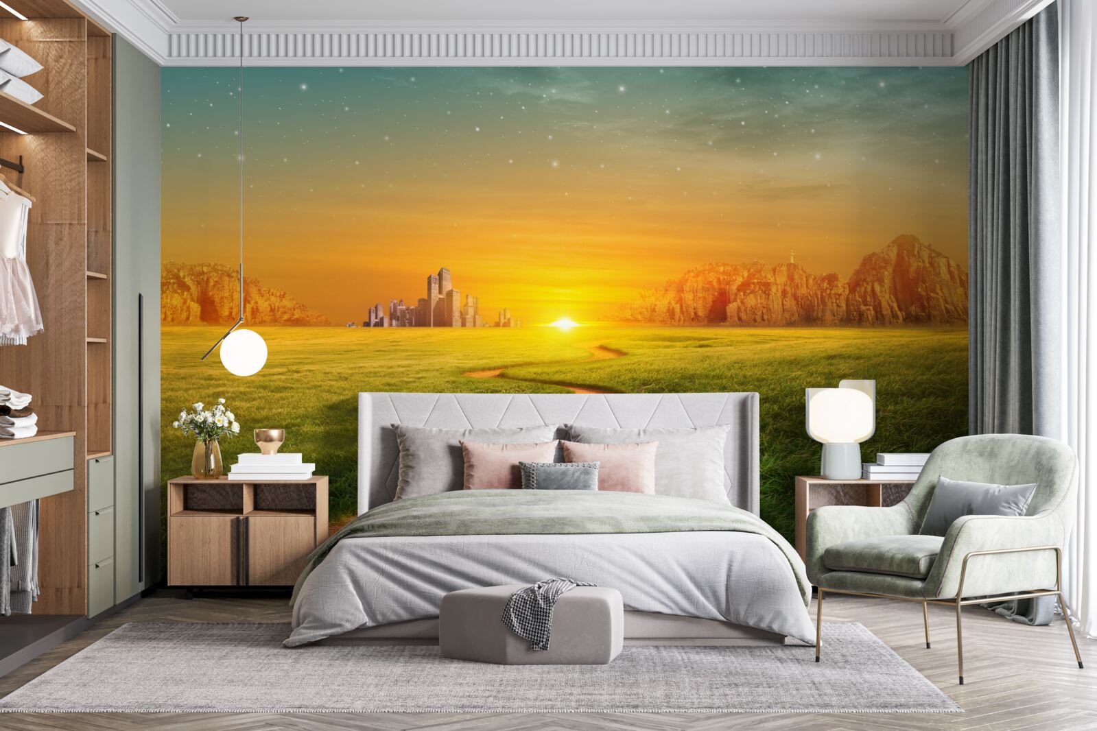 Fotobehang zonsondergang over uitgestrekte velden