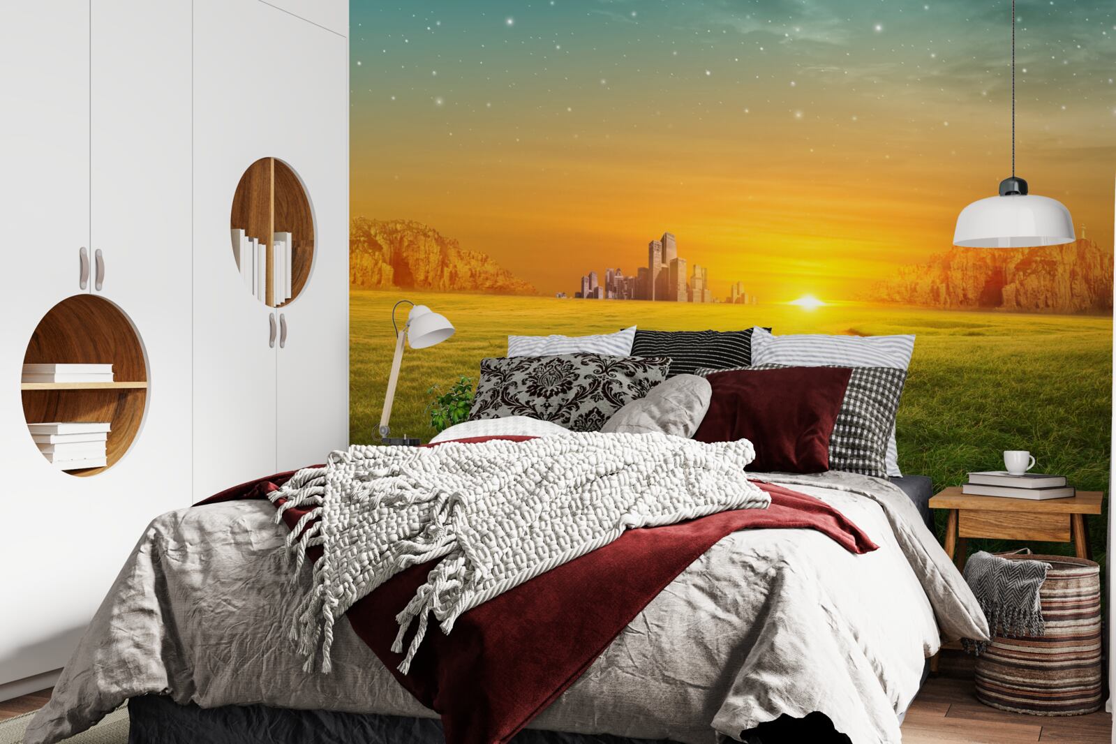 Fotobehang zonsondergang over uitgestrekte velden