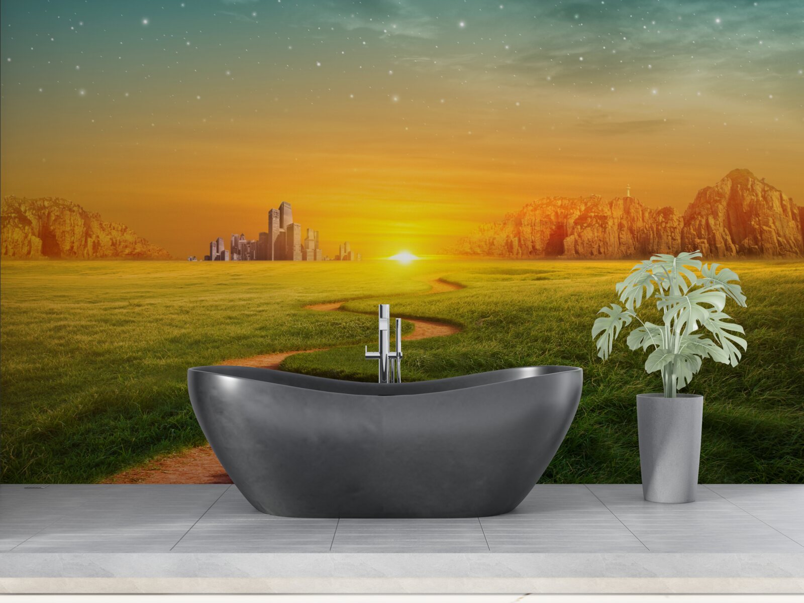 Fotobehang zonsondergang over uitgestrekte velden