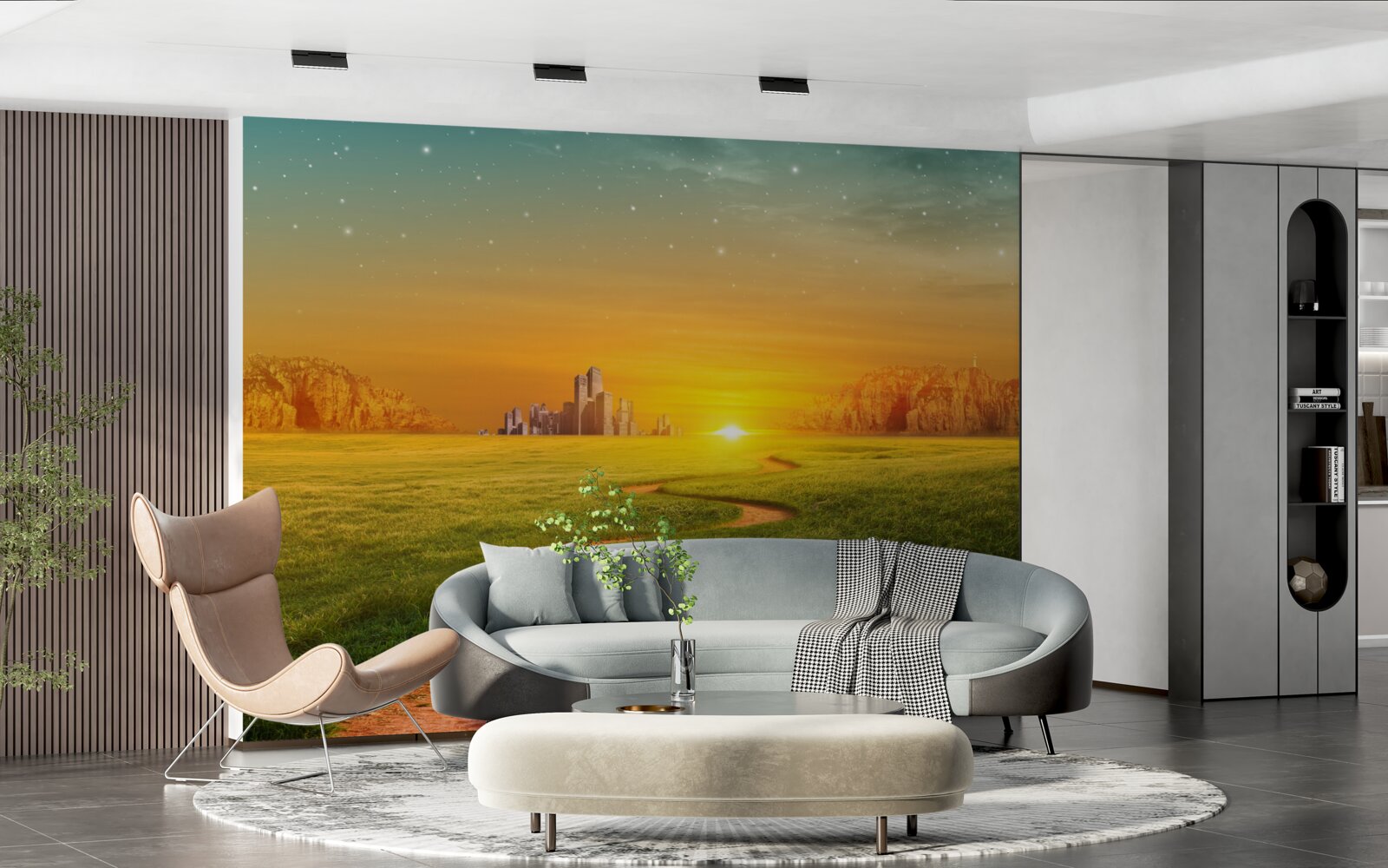 Fotobehang zonsondergang over uitgestrekte velden