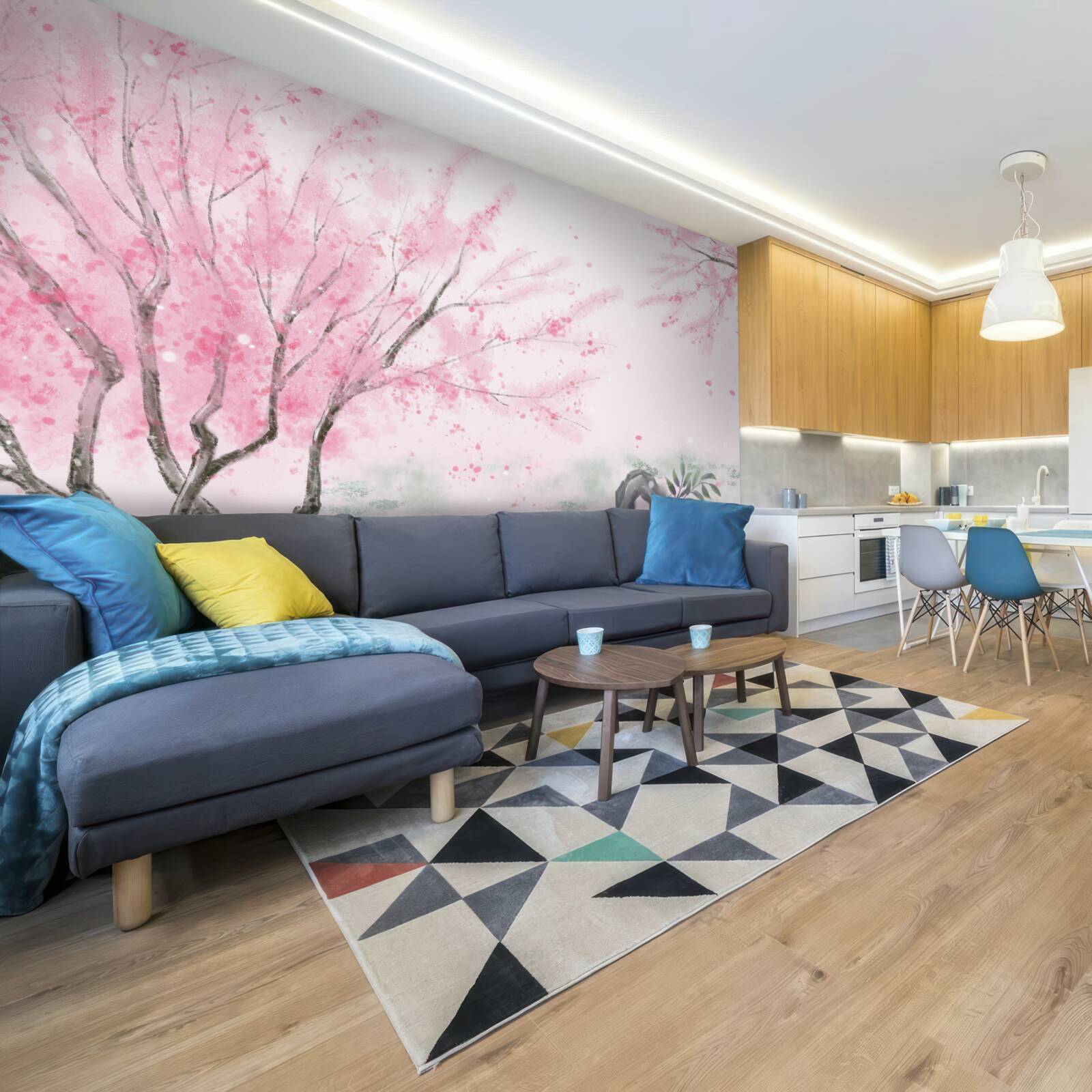 Fotobehang de sakura bij de vijver is roze geschilderd