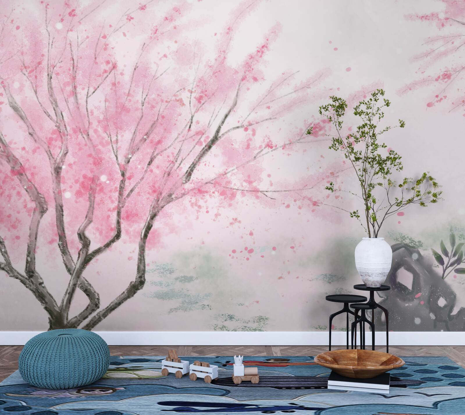 Fotobehang de sakura bij de vijver is roze geschilderd