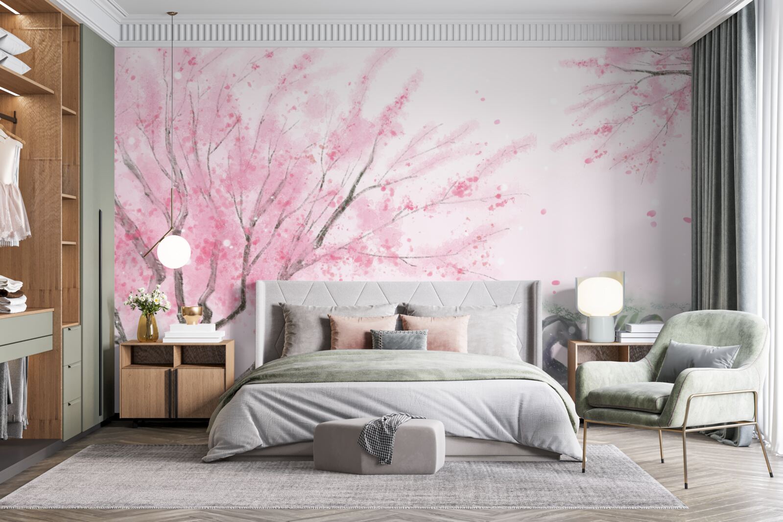 Fotobehang de sakura bij de vijver is roze geschilderd