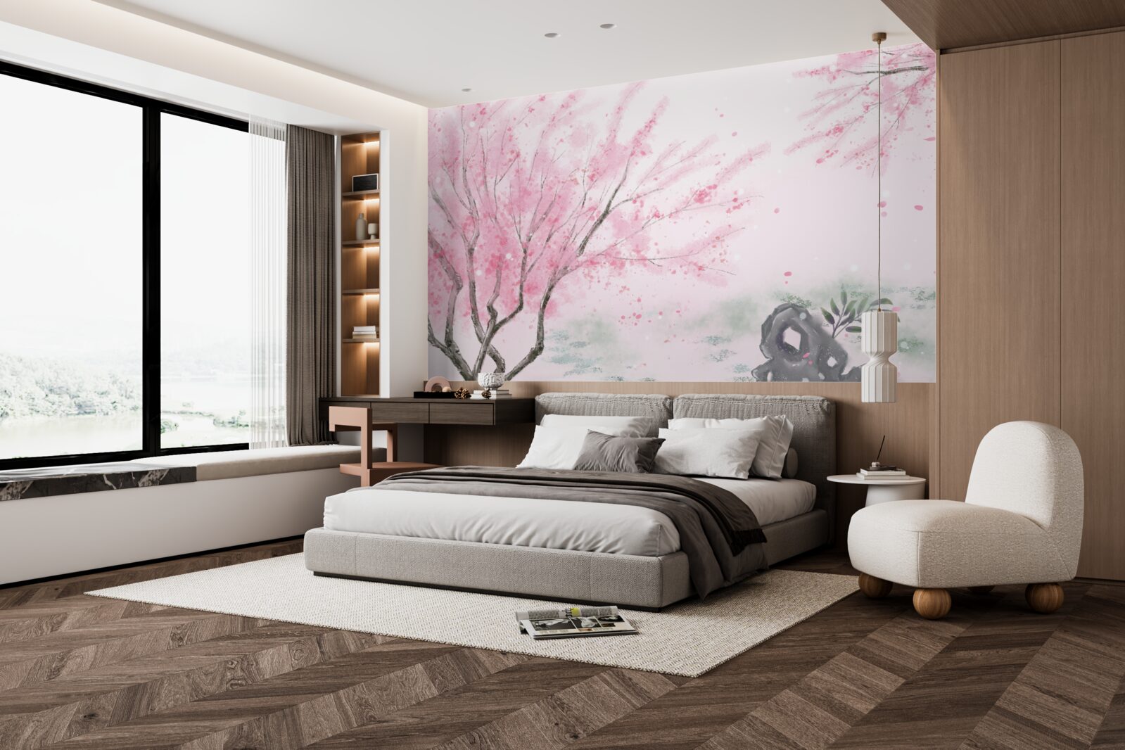 Fotobehang de sakura bij de vijver is roze geschilderd