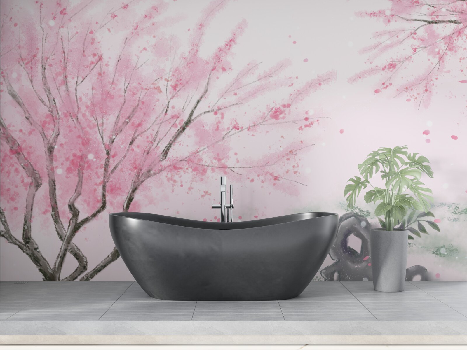 Fotobehang de sakura bij de vijver is roze geschilderd