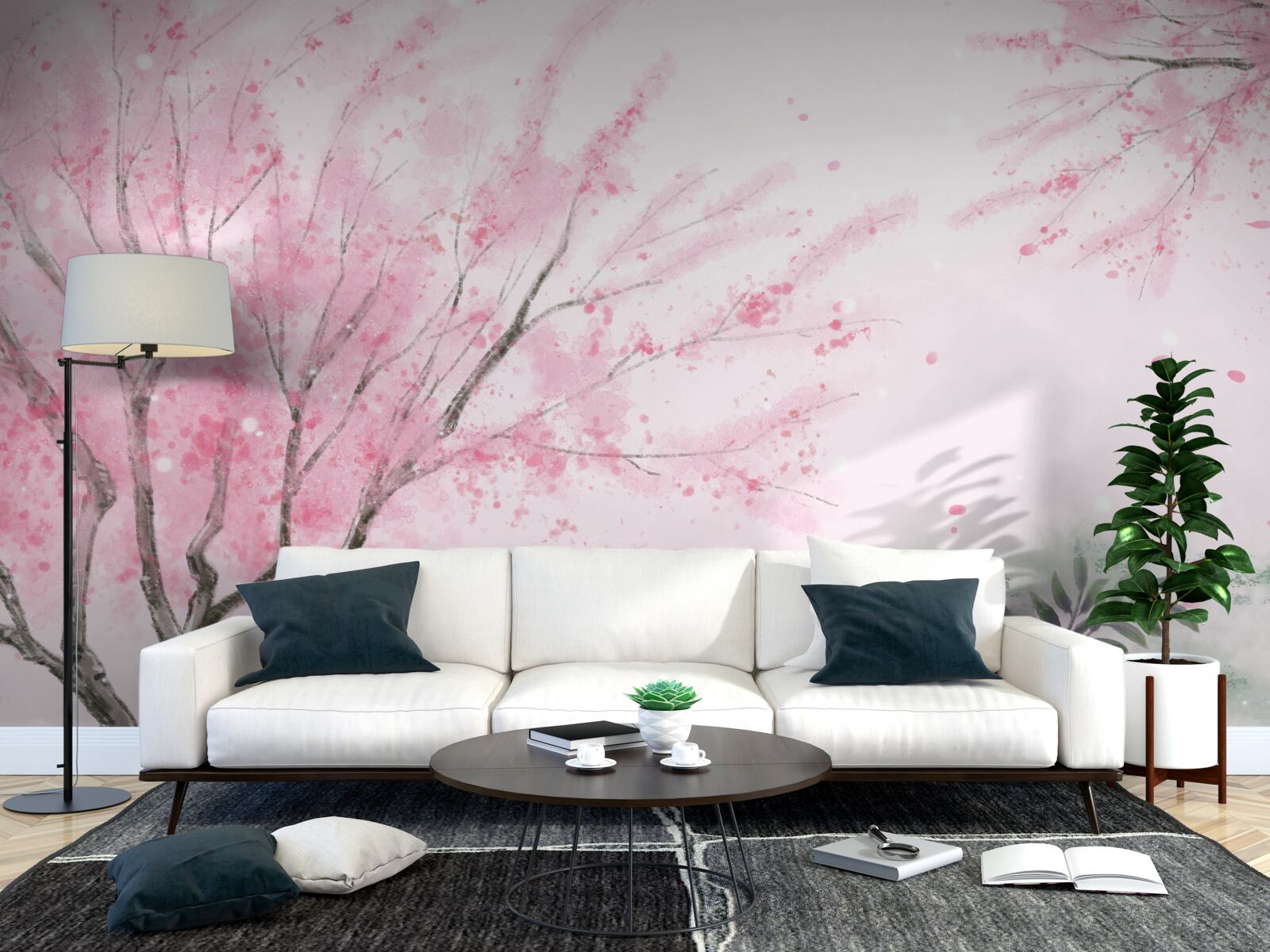 Fotobehang de sakura bij de vijver is roze geschilderd