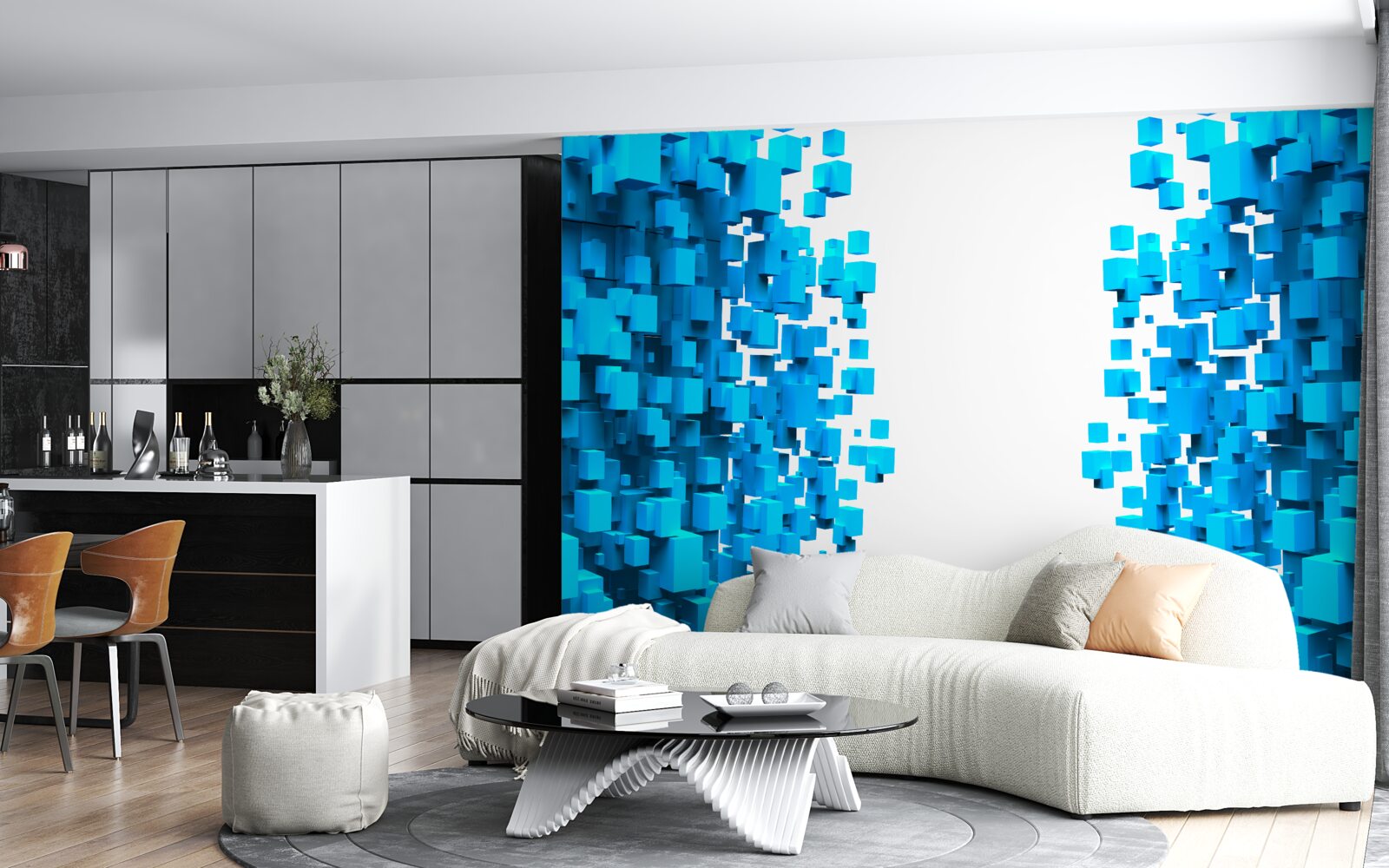 Fotobehang blauwe vierkanten drijvend in abstractie