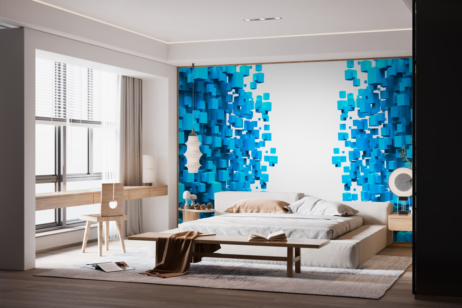 Fotobehang blauwe vierkanten drijvend in abstractie