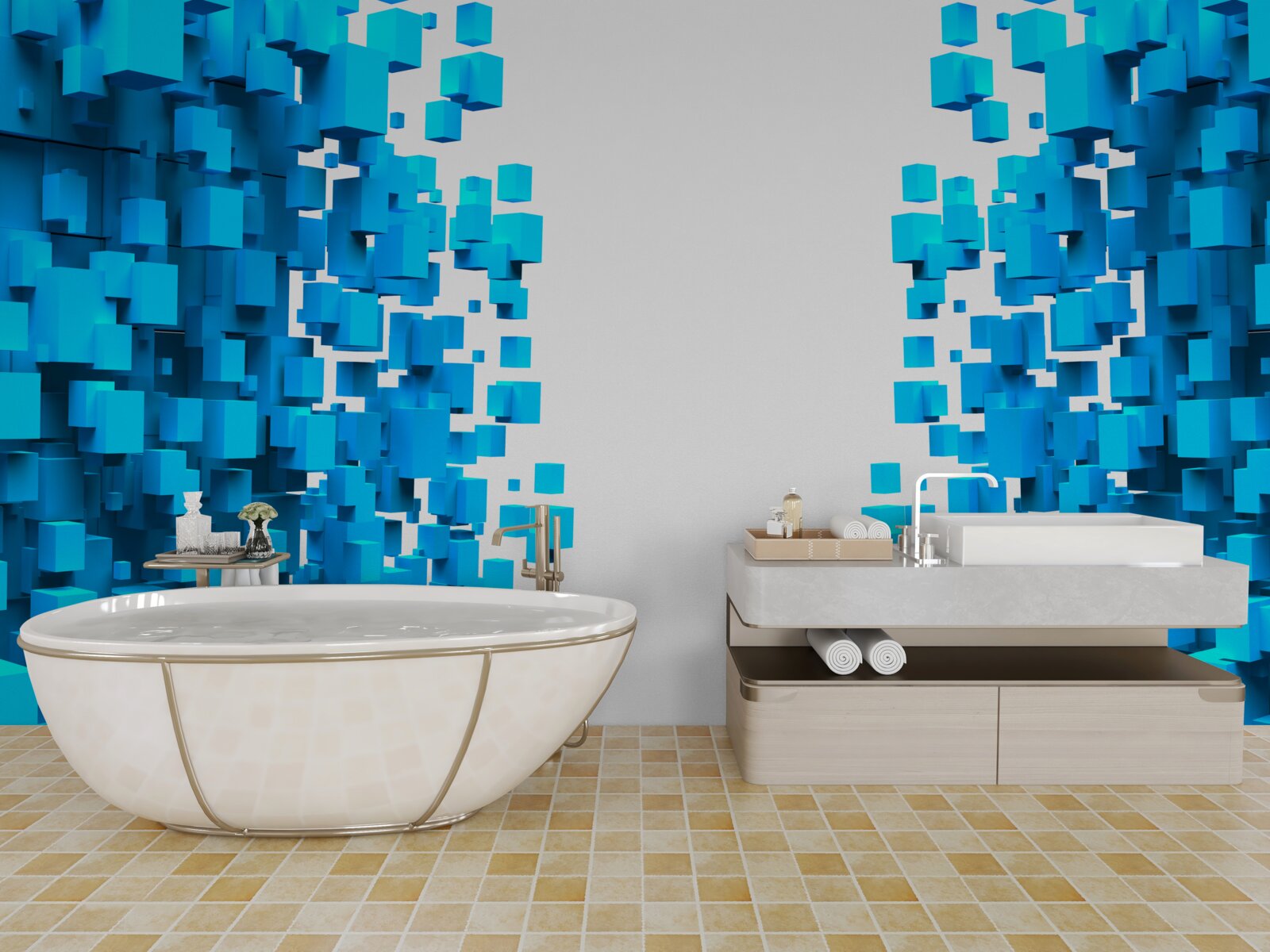 Fotobehang blauwe vierkanten drijvend in abstractie