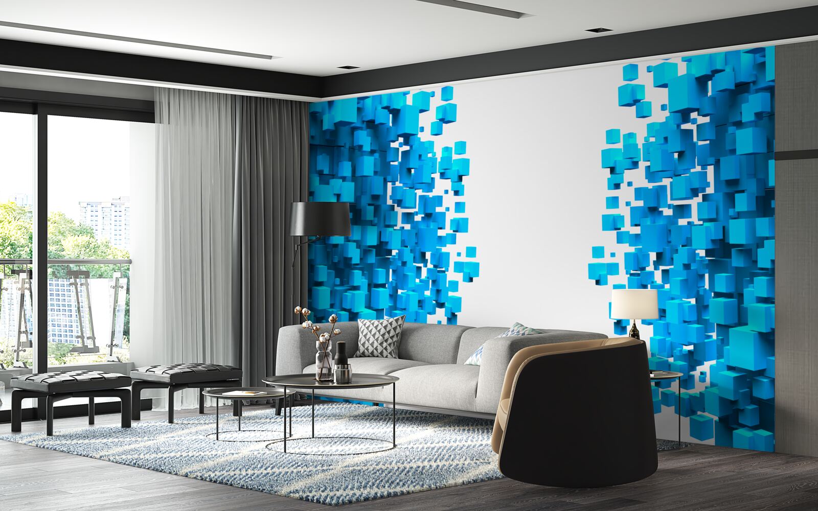 Fotobehang blauwe vierkanten drijvend in abstractie