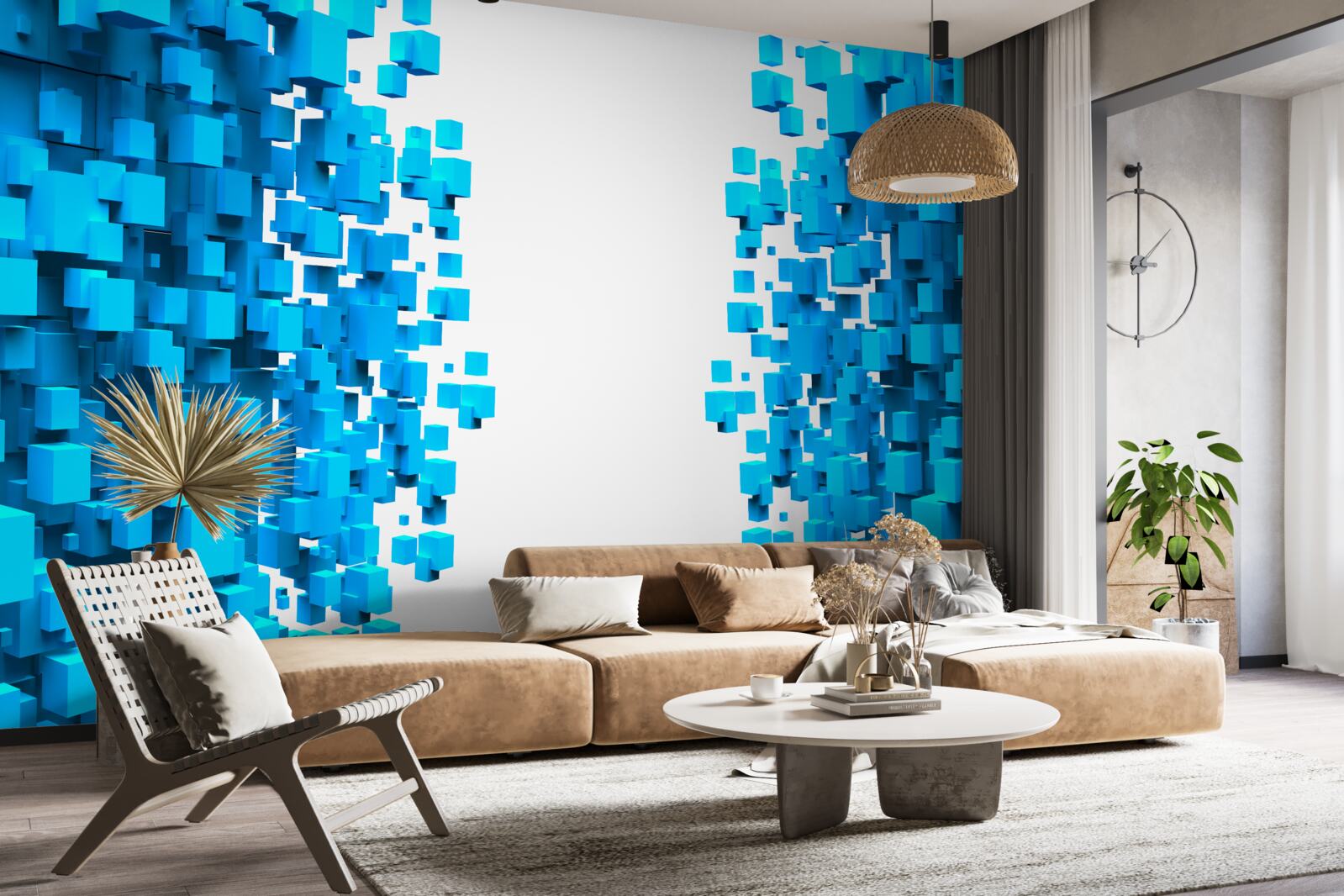 Fotobehang blauwe vierkanten drijvend in abstractie