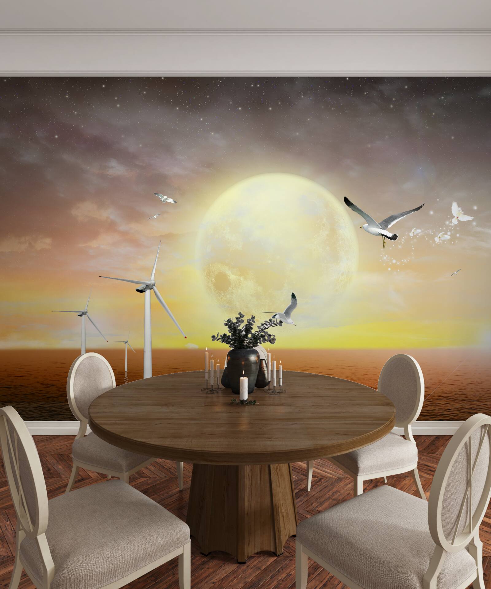 Fotobehang de zonsondergang boven zee wordt begeleid door het geroep van meeuwen