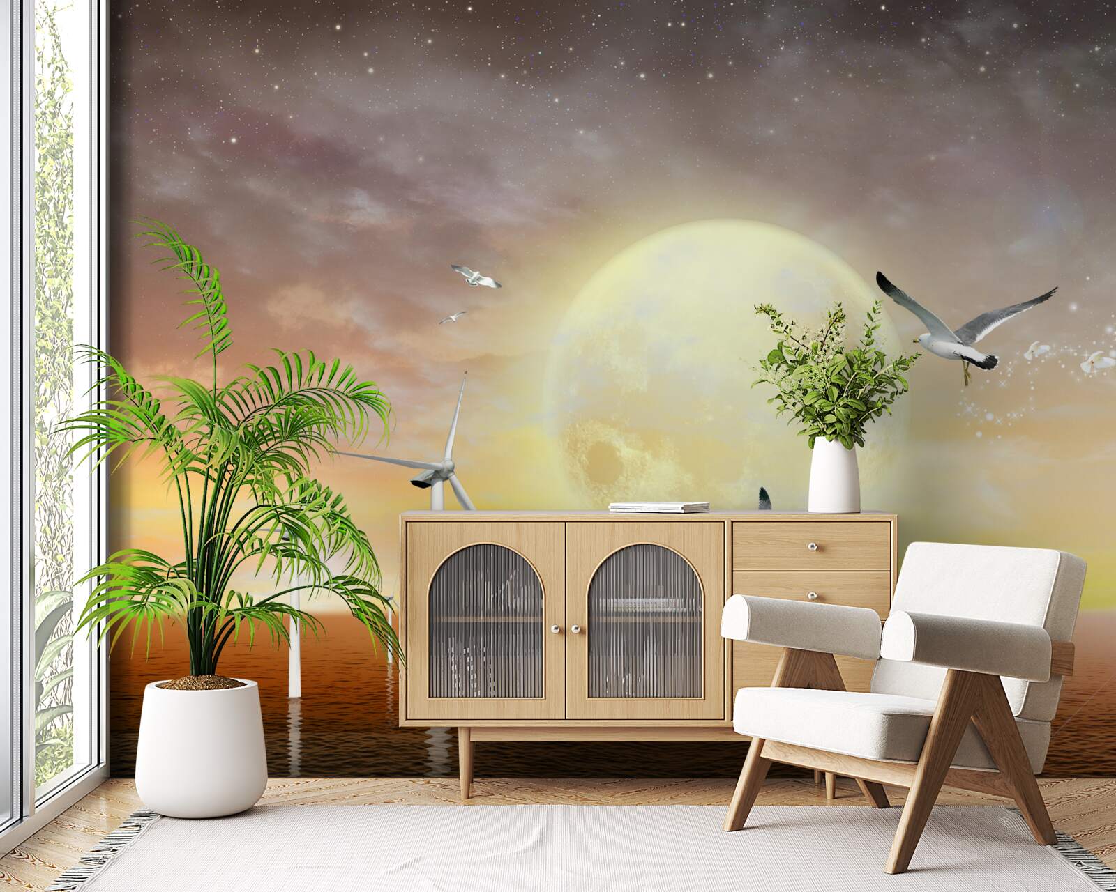 Fotobehang de zonsondergang boven zee wordt begeleid door het geroep van meeuwen