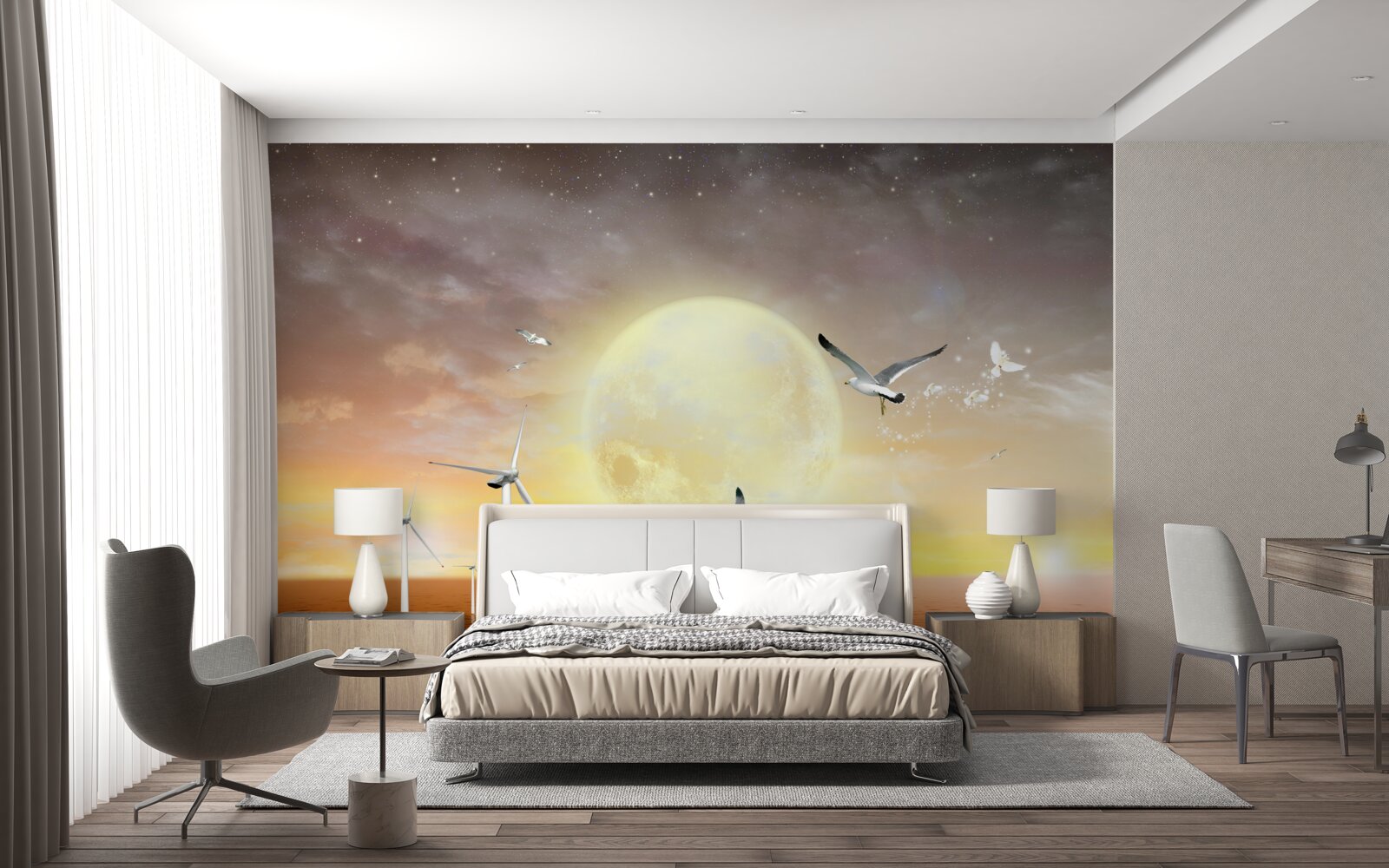 Fotobehang de zonsondergang boven zee wordt begeleid door het geroep van meeuwen