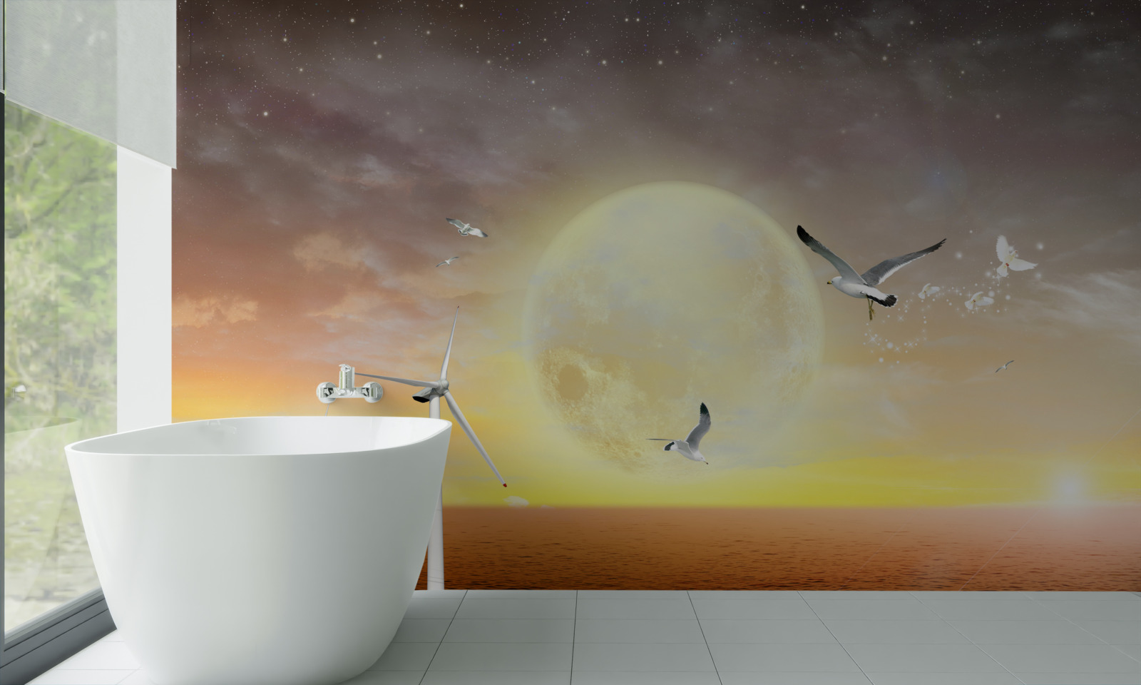 Fotobehang de zonsondergang boven zee wordt begeleid door het geroep van meeuwen