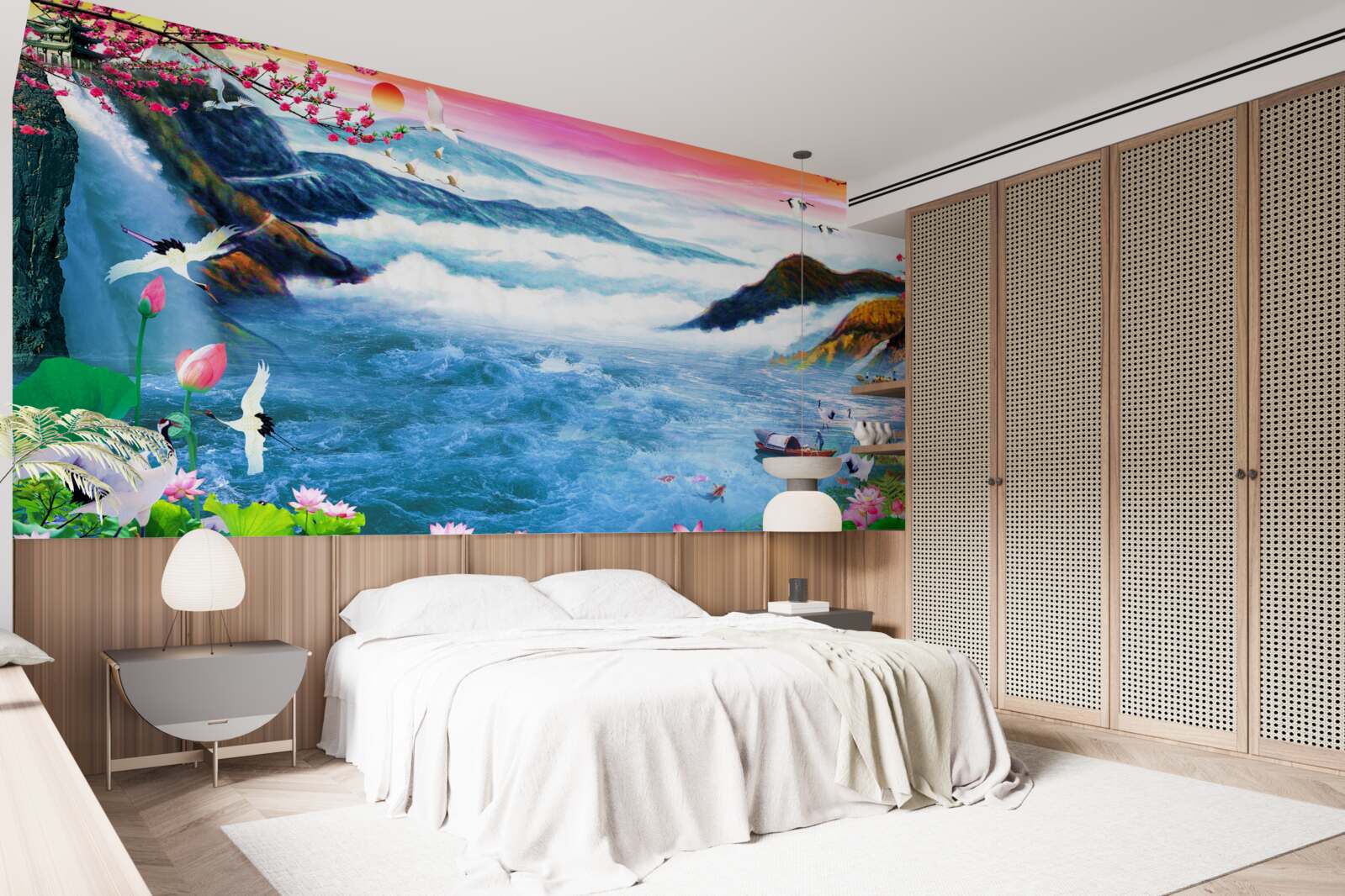 Fotobehang bij zonsondergang aan de voet van een bergwaterval zijn vissers