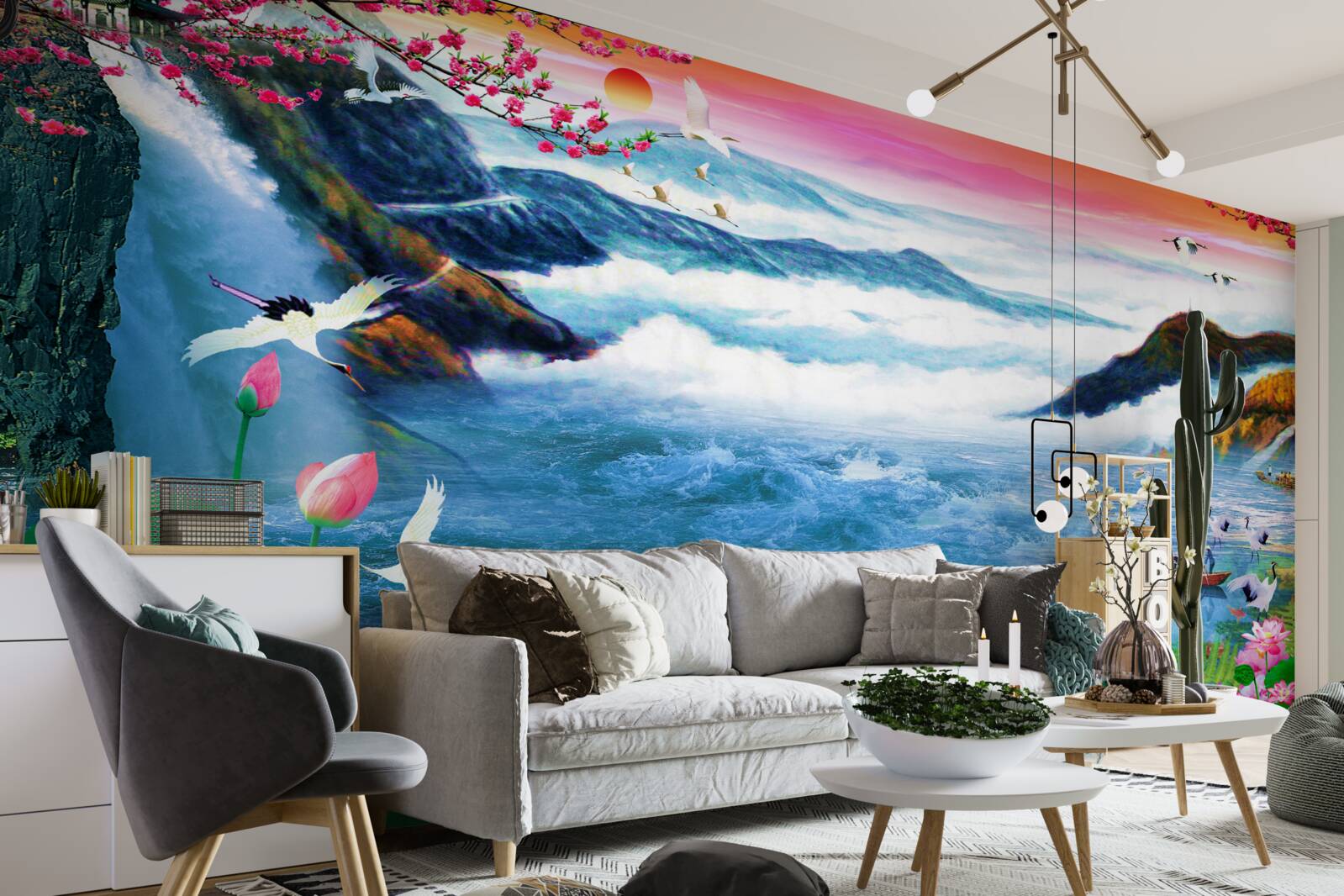 Fotobehang bij zonsondergang aan de voet van een bergwaterval zijn vissers