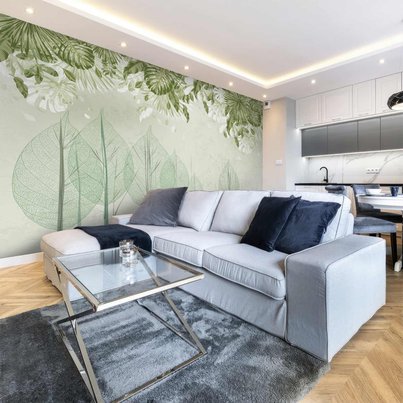 Fotobehang een familie herten wandelt door een mistig groen bos