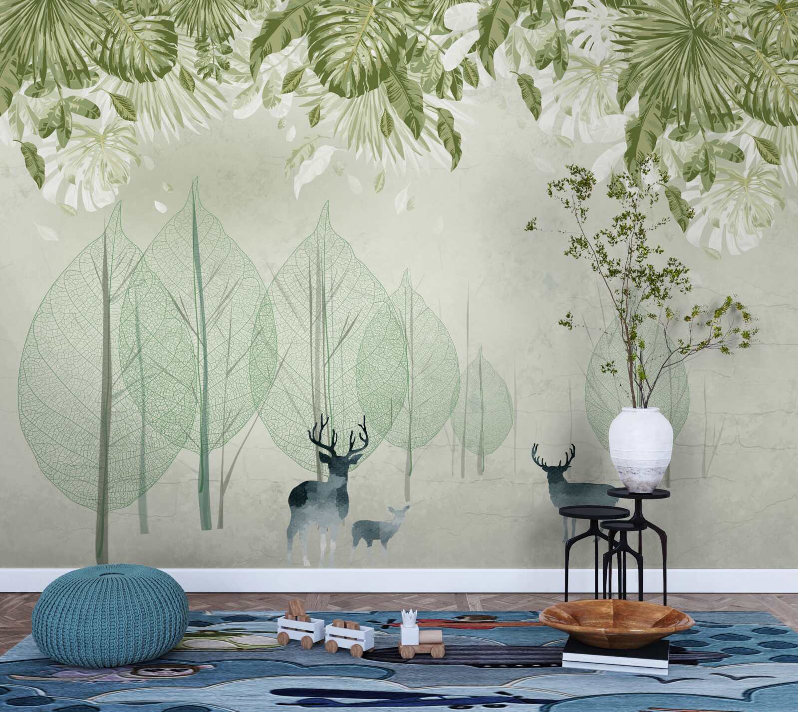 Fotobehang een familie herten wandelt door een mistig groen bos