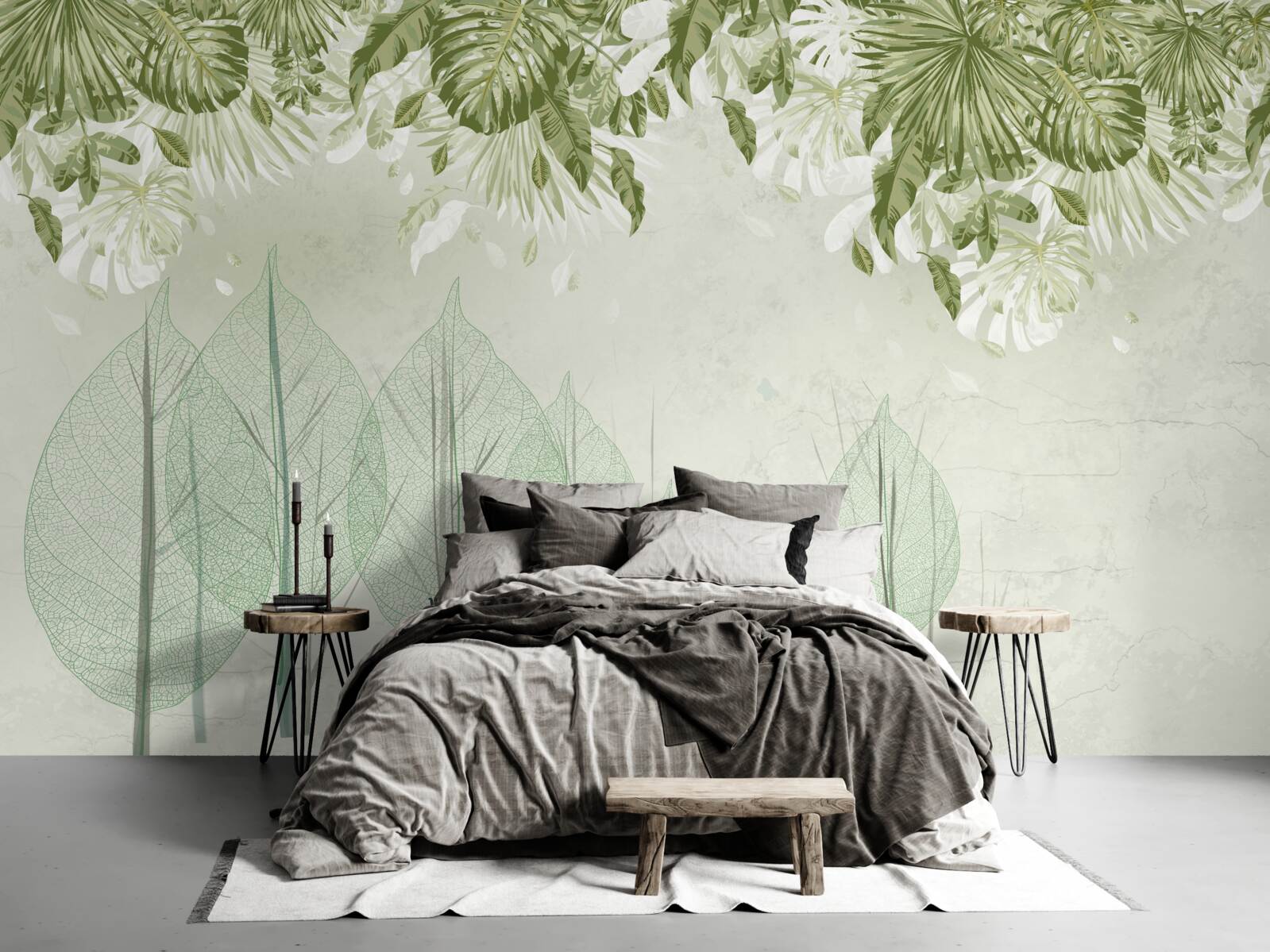 Fotobehang een familie herten wandelt door een mistig groen bos