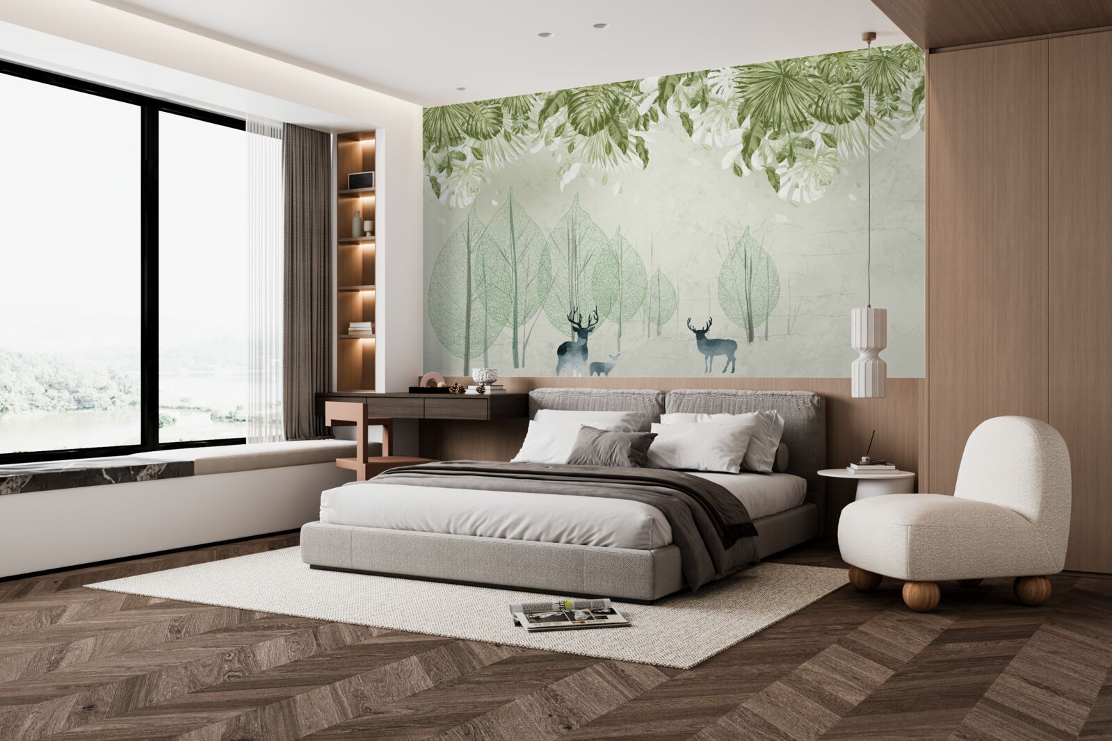 Fotobehang een familie herten wandelt door een mistig groen bos