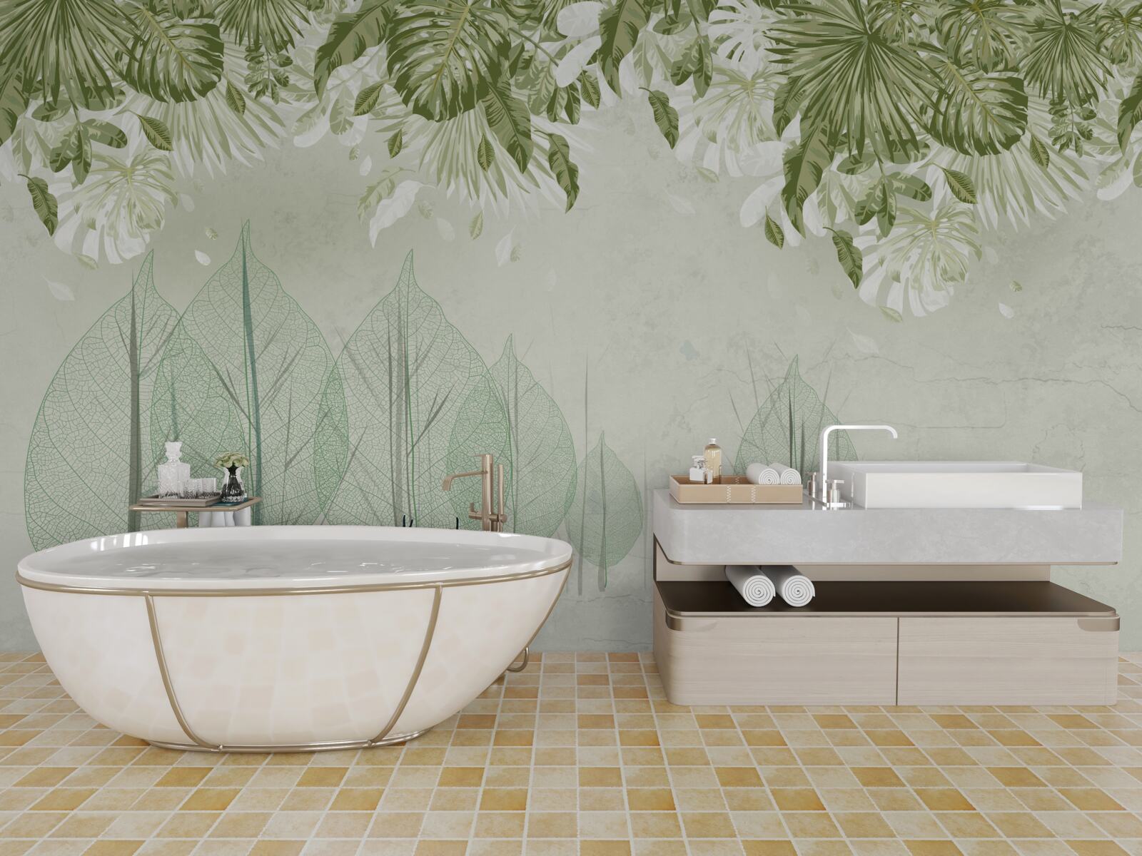 Fotobehang een familie herten wandelt door een mistig groen bos