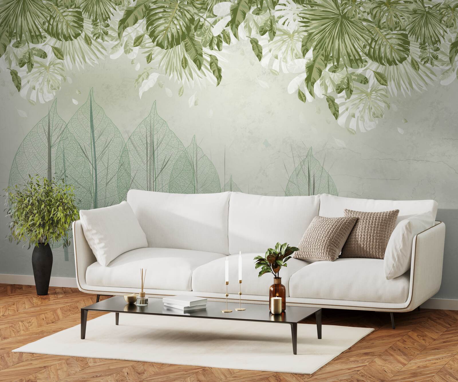 Fotobehang een familie herten wandelt door een mistig groen bos