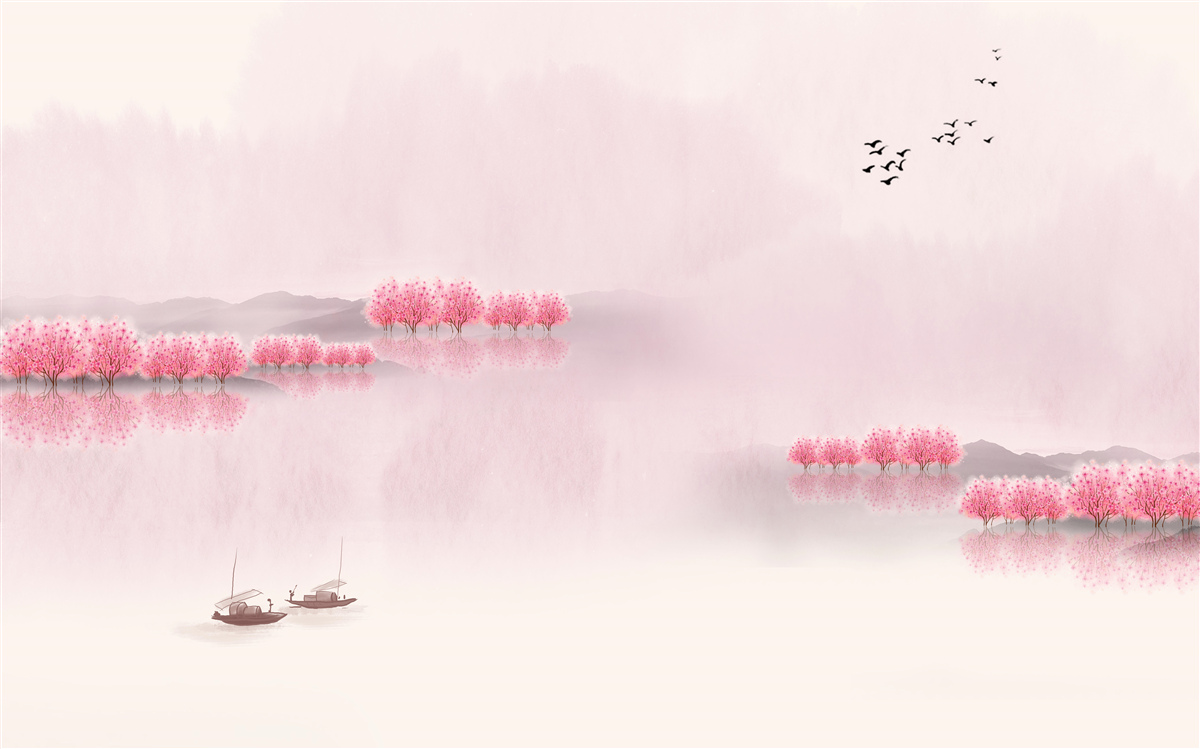 Fotobehang Rustige vijvers en roze bosranden