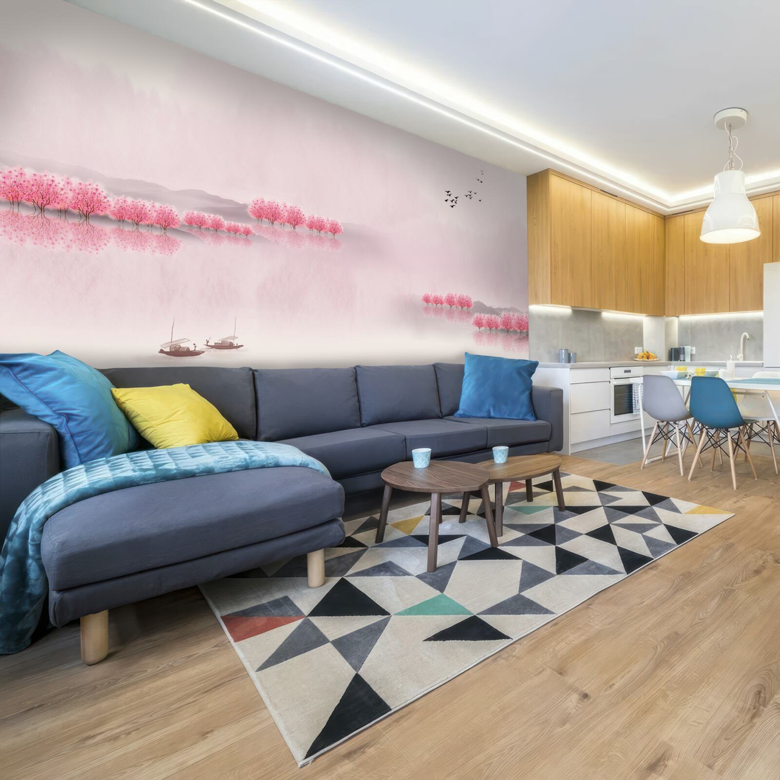 Fotobehang Rustige vijvers en roze bosranden